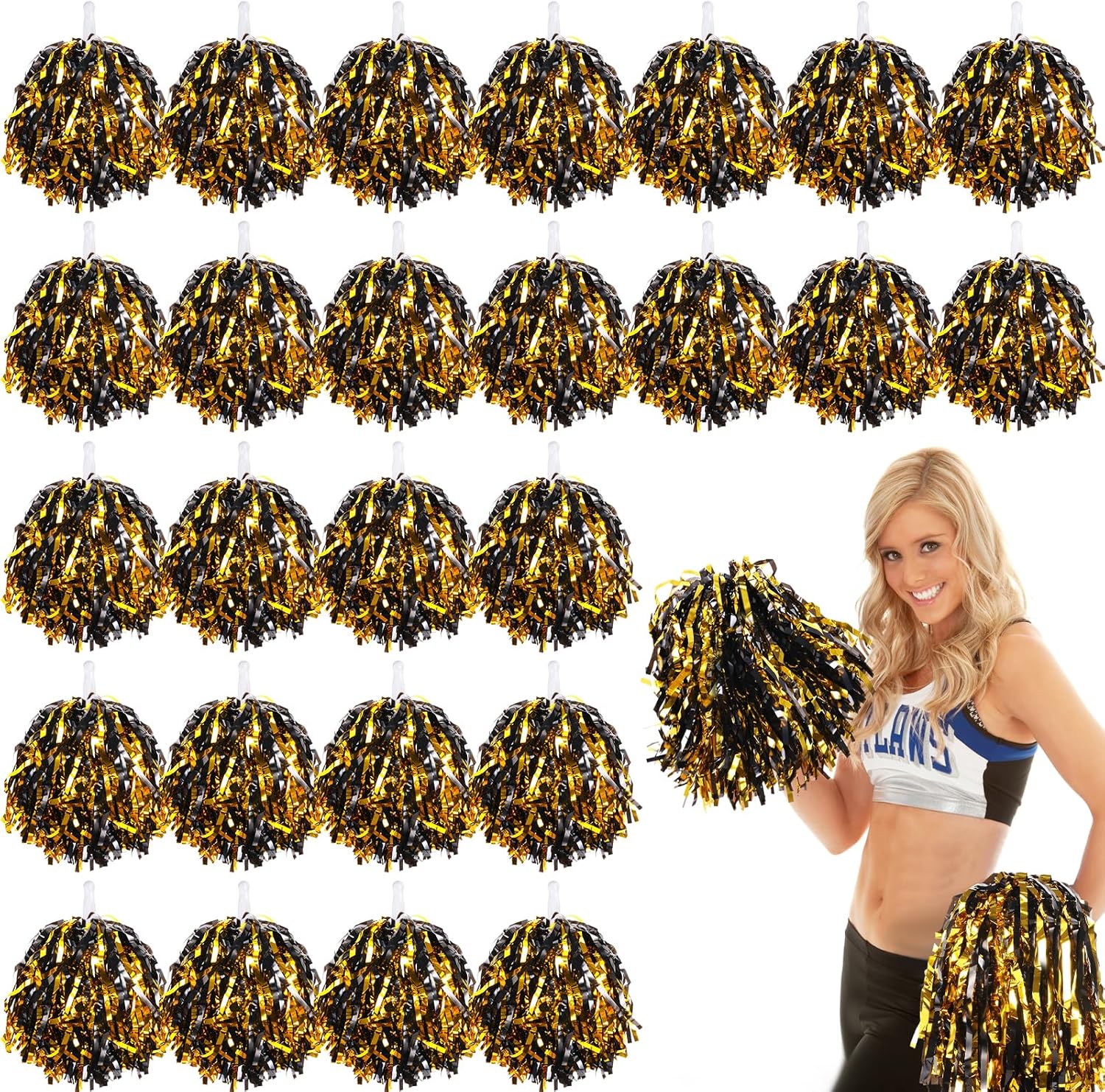 VAIPI 48 Pack Cheerleading Pom Poms Kit with Baton Handle Metallic Foil Squad Team Spirited Fun Cheer Pom Poms Bulk for Kids Adults Cheerleader Gifts Team Spirit Sports Party
