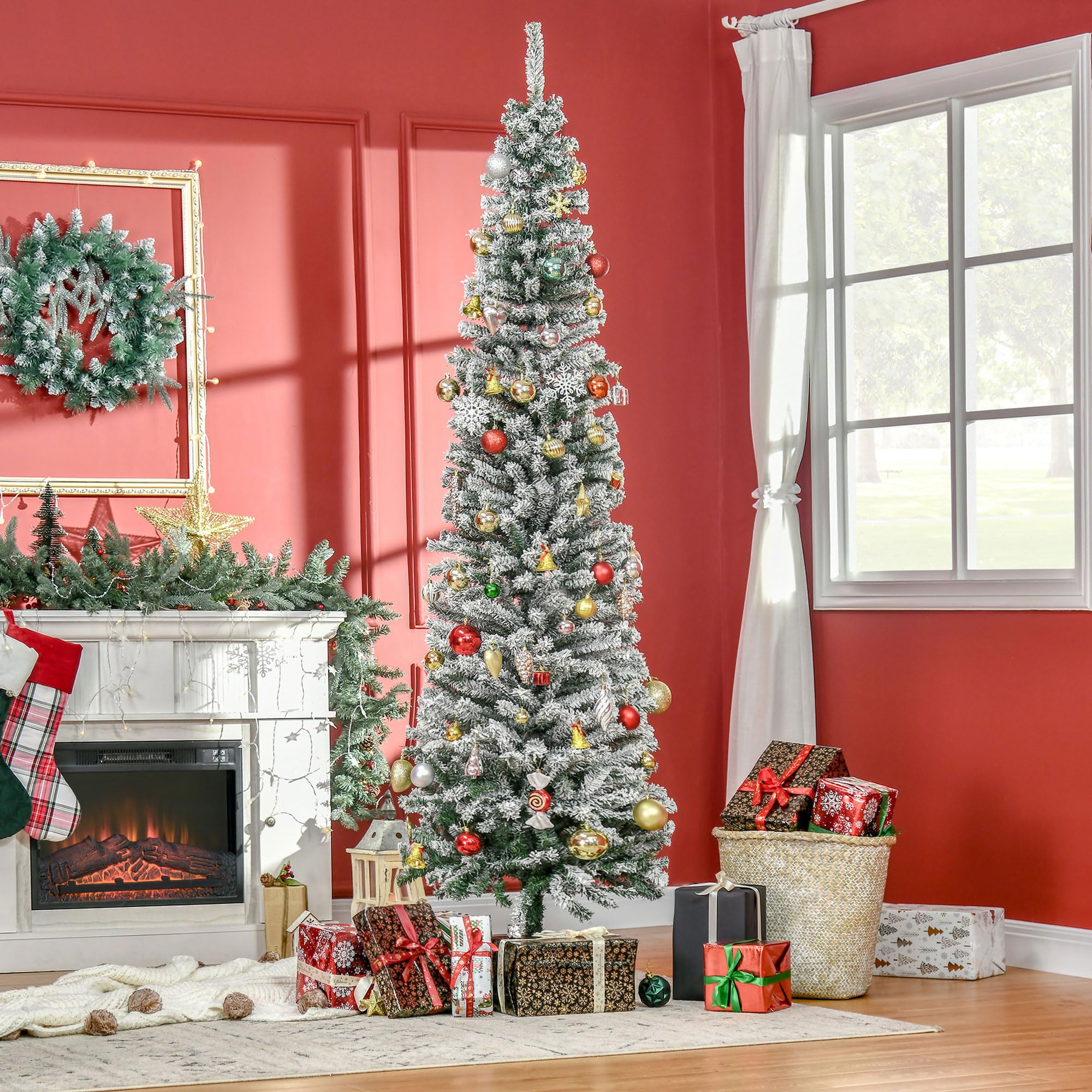 HOMCOM Árbol de Navidad 225 cm Árbol de Navidad Artificial Nevado con 738 Ramas y Soporte de Metal Árbol Navideño para Salón Verde y Blanco