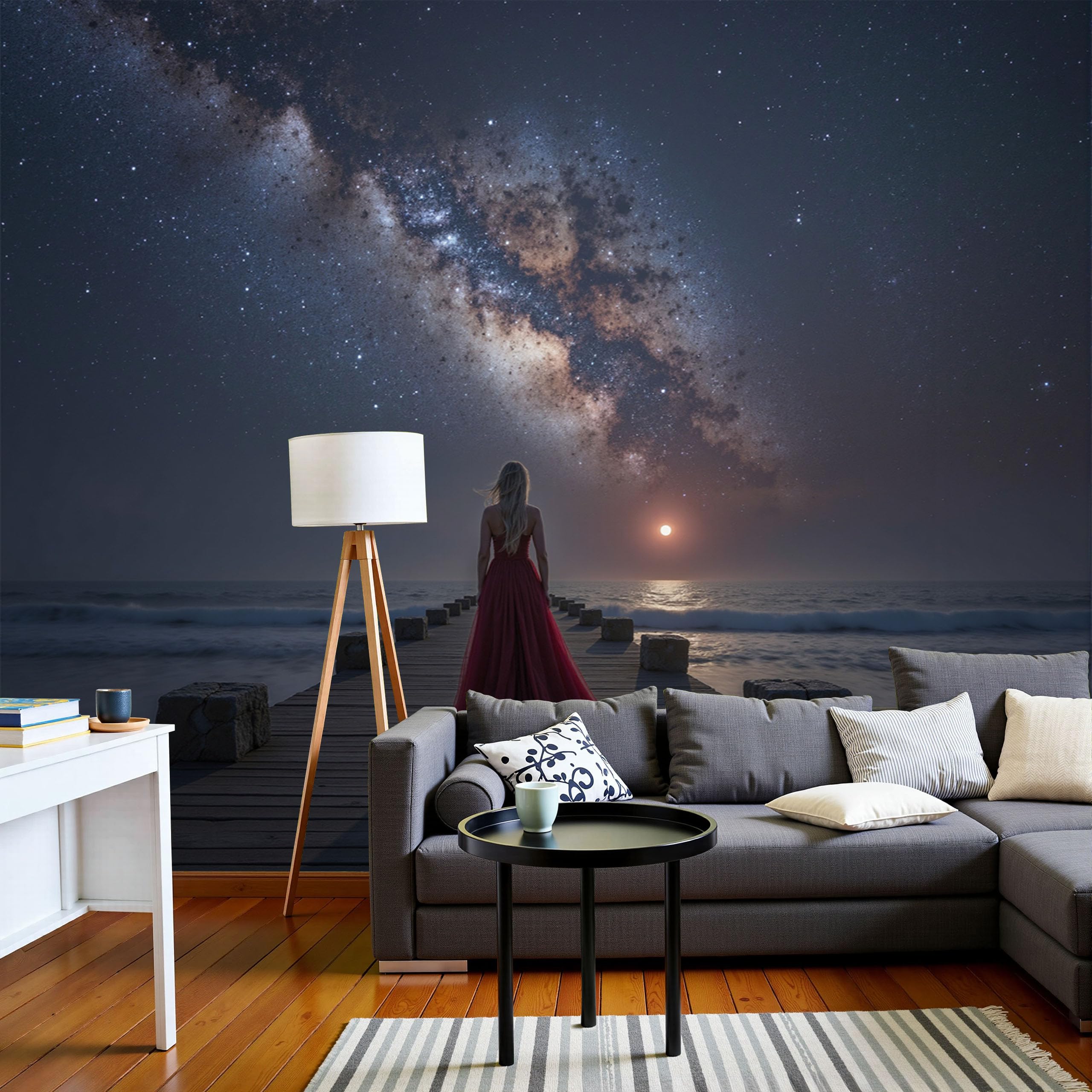 Papier peint panoramique belle femme et ciel nocturne pour salon - Poster géant 350x256cm