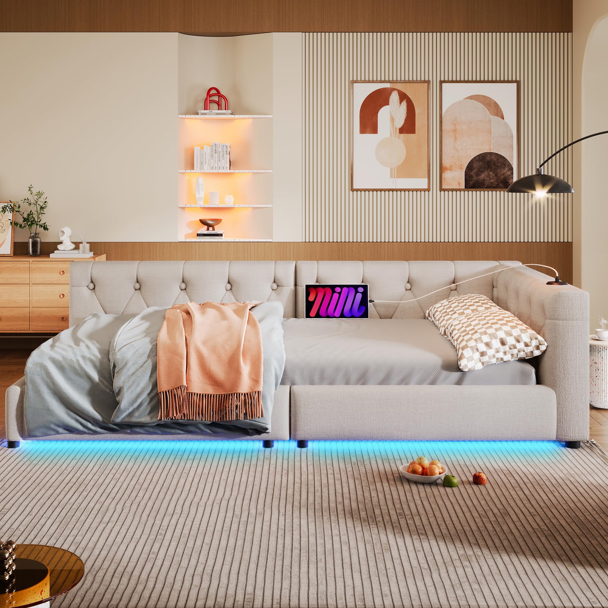 OKMYHOME Łóżko ławkowe 90x200 cm - Pikowane łóżko pojedyncze z portami USB typu C i oświetleniem LED - bez materaca - beżowy