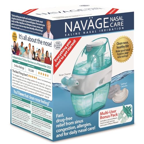 Navage Multi-User Bundle - Navage Nasal Irrigation System - Saline Nasal Rinse Kit with 1 Navage Nose Cleaner, 20 Salt Pods, and Extra Nasal Dock and Pair of Nose Pillows