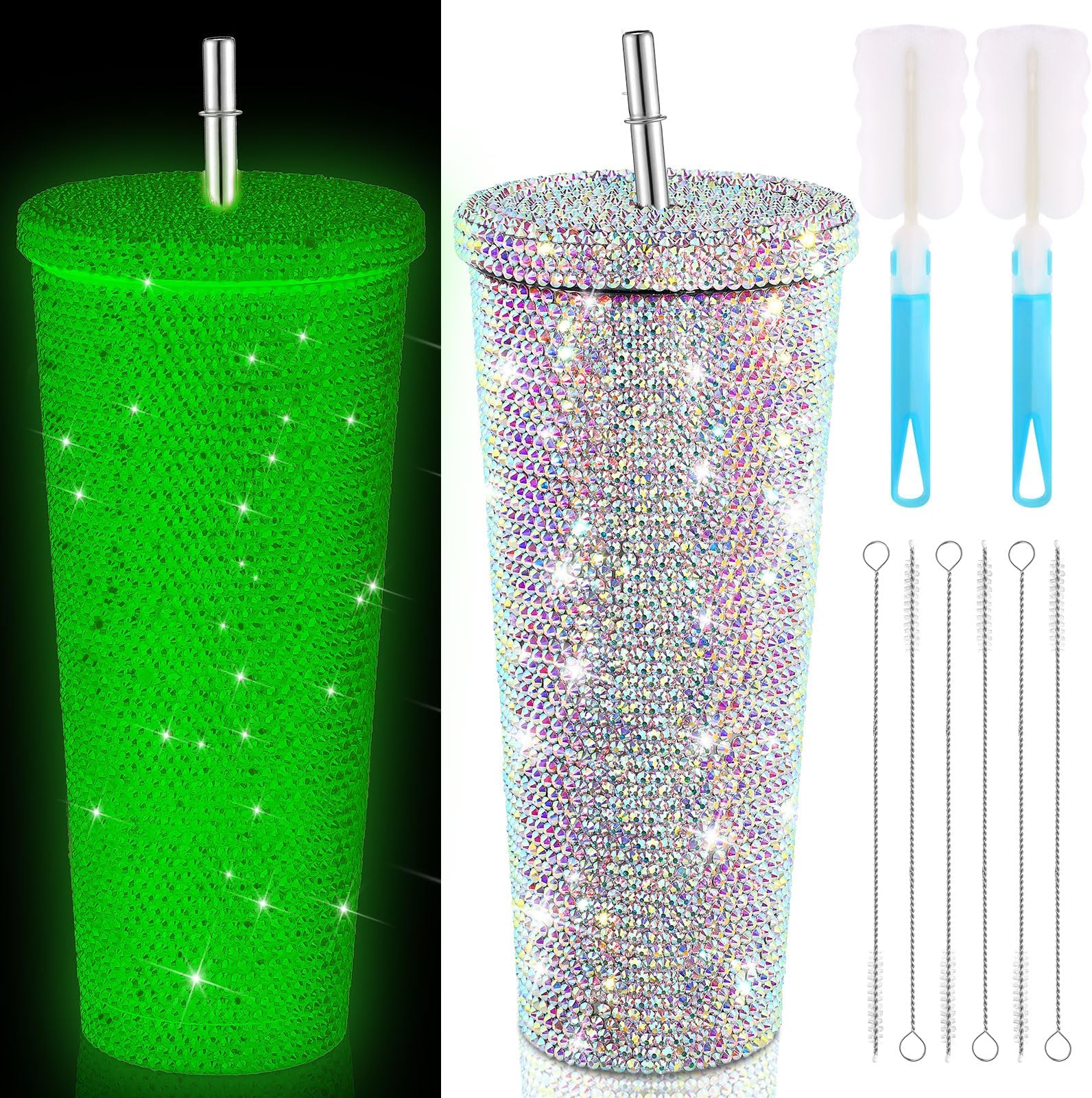 Bling Diamond Tumbler Glow in The Dark Rhinestone Tumbler with Lid Straw Glitter Water Bottle Cup Stainless Steel Double Wall Tumbler Thanksgiving Halloween Gift for Women (Silver,25.4 oz)