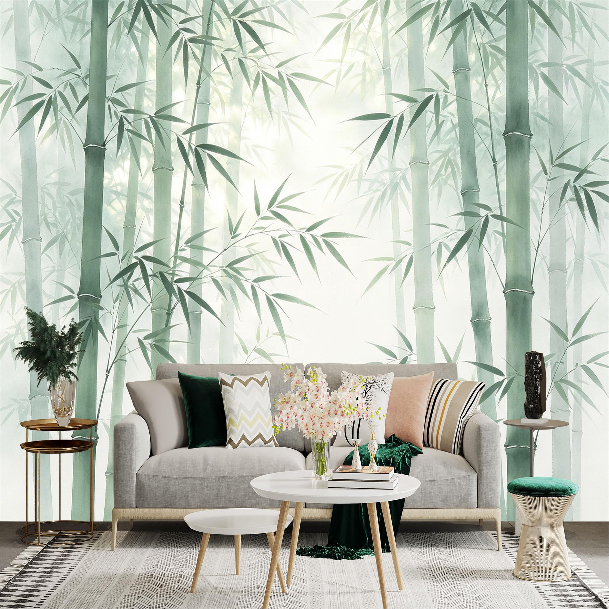Lnzczhyre Dbh260521253 Custom Size Wall Sticker Mural， Serene Bamboo Forest， Green Zen Botanical Art， Minimalist Nature Scenery， Misty Atmosphere， For Wall Decoration， Peelandstick Wall Decals.