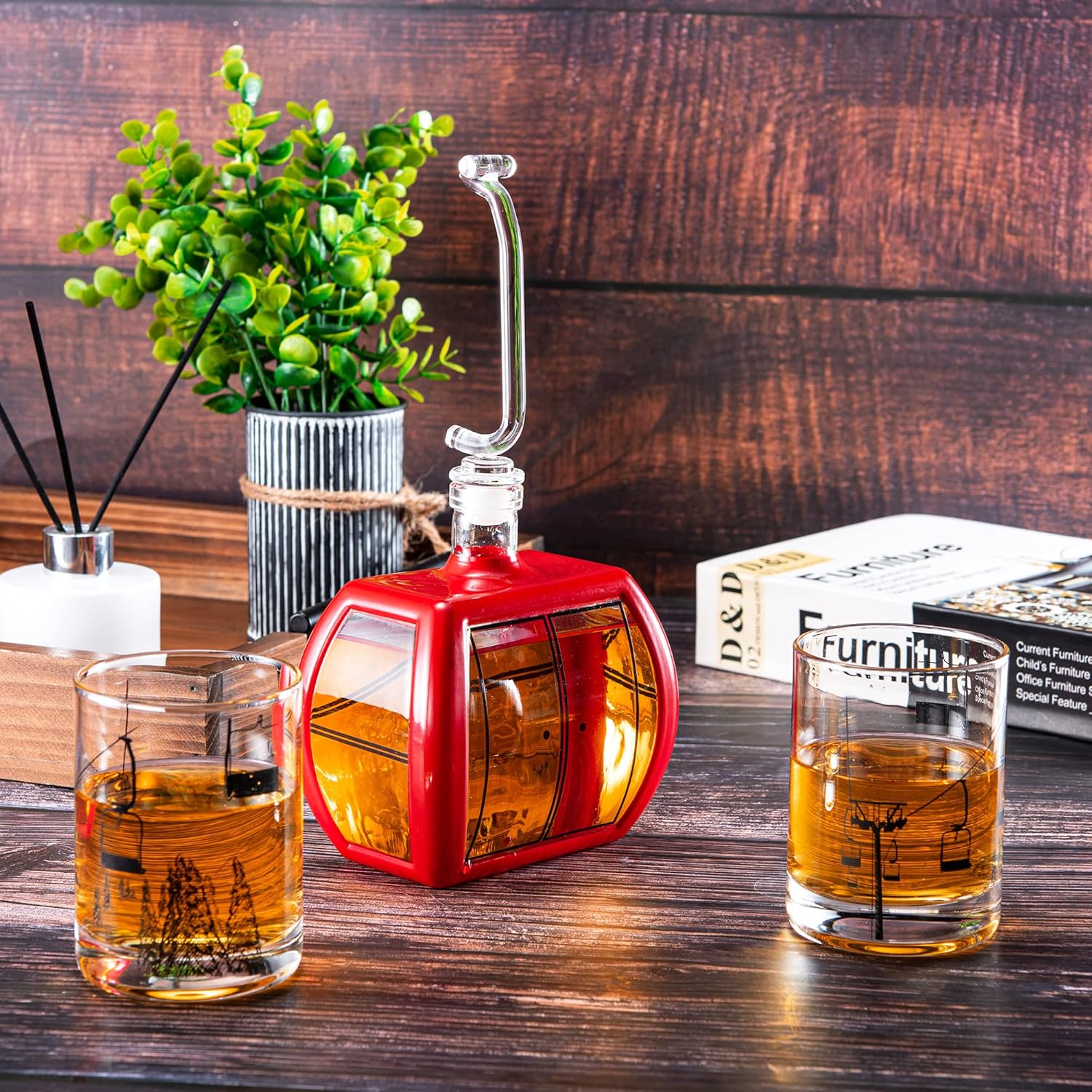 Ski Mountain Gondola Decanter & Glasses Wine & Whiskey - 34oz - 2 x 10oz Snow Mountains Chairlift Glassware - Christmas Home Decor - Skier & Snowboarder Gifts, Vintage, Winter Skiers Decorations Gift