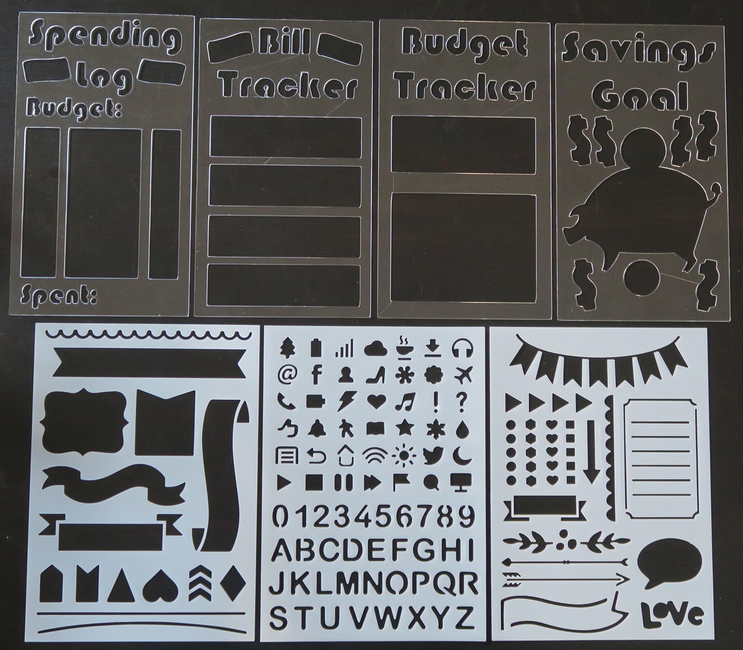 Bullet Journal Relay Journal Financial Stencil Collection - Set of 4 Financial Spread Templates (4x7) + Bonus Set of 3 Basic Stencils (5x7) - Fits All Journals