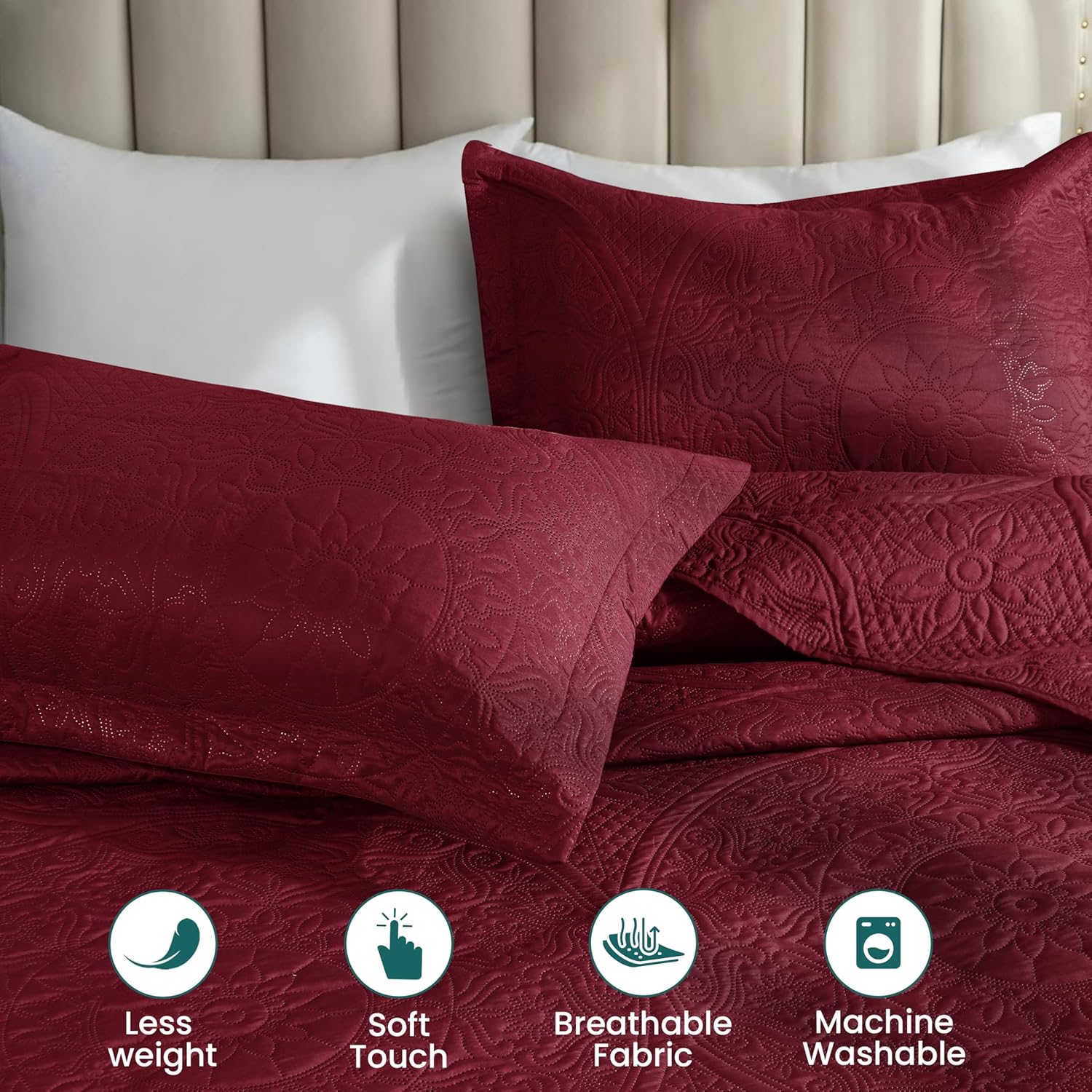 Cotton Passion Quilt Bedding Set - Lightweight Quilted Microfiber Bedspread Floral Pattern (Burgundy, King)