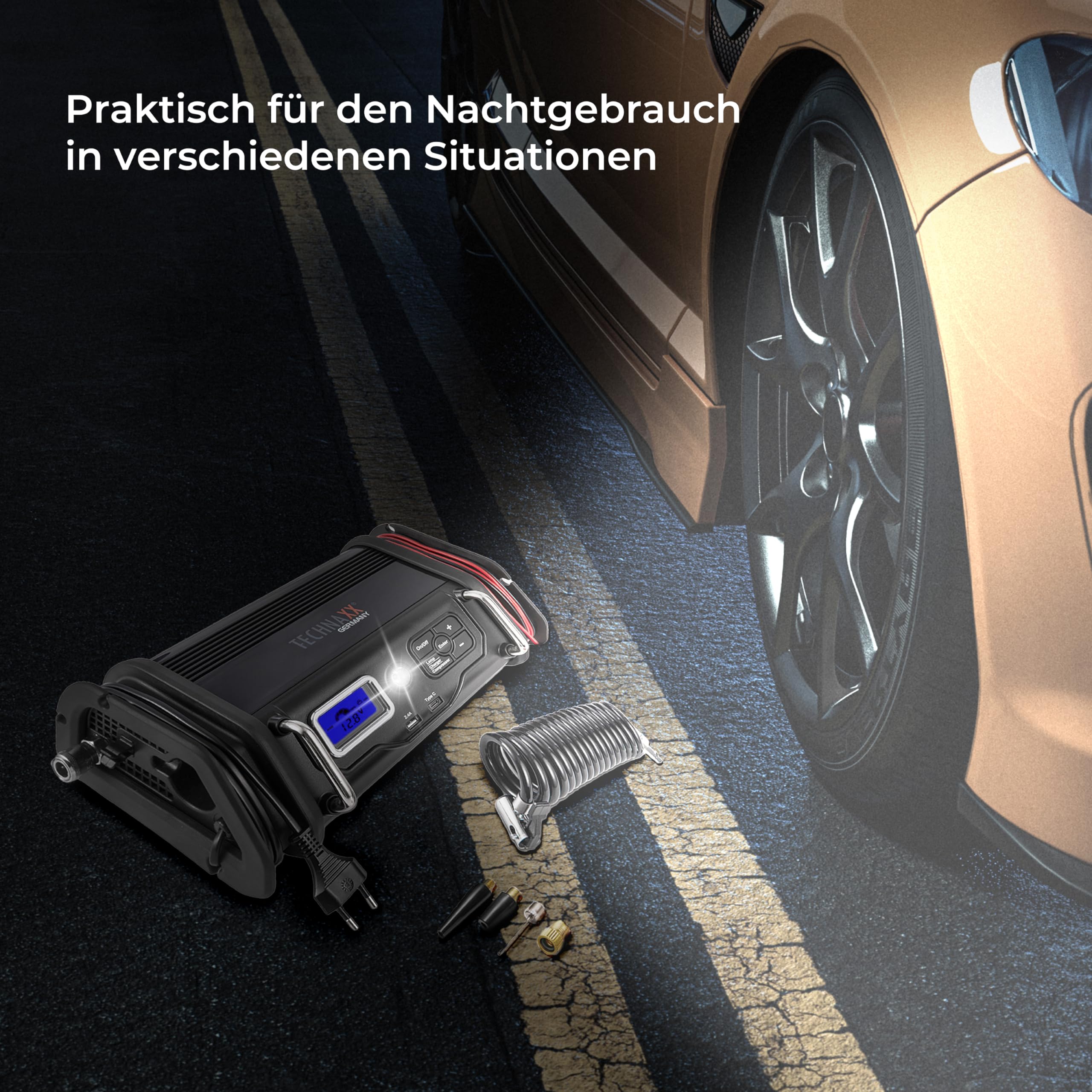 Technaxx Caricabatterie 10A con compressore d'aria TX-193 - Caricabatterie 6-12V per batterie auto e moto - Regolatore di pressione digitale, spegnimento automatico, adattatori vari