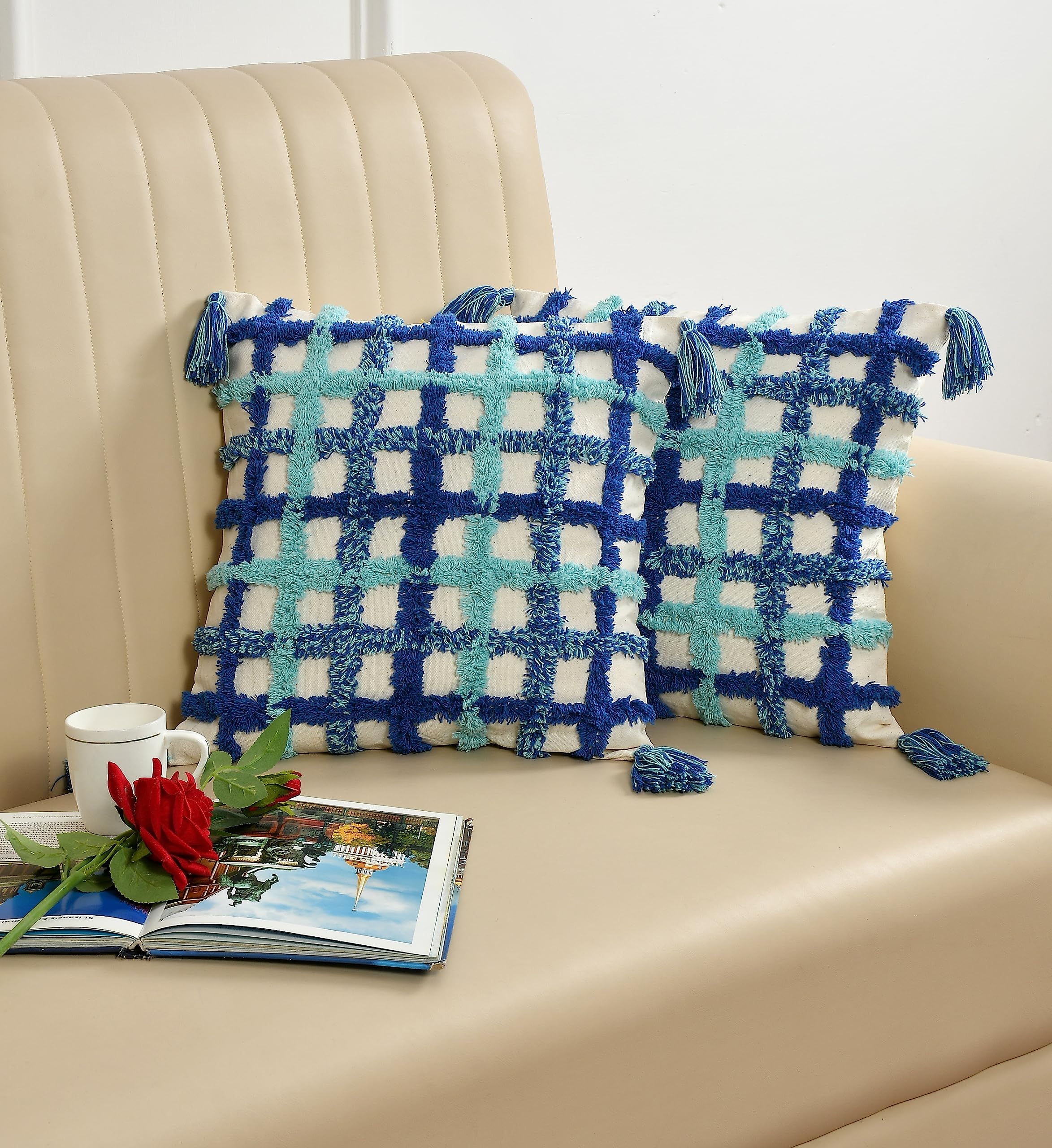 TARANTARAN Luxurious Decorative tuffted Boho Cushion Size 16x16 inch Pack of 2 Pure and Soft Hand tuffted Square Cushion Cover for Bedroom Living Room Sofa-image-28
