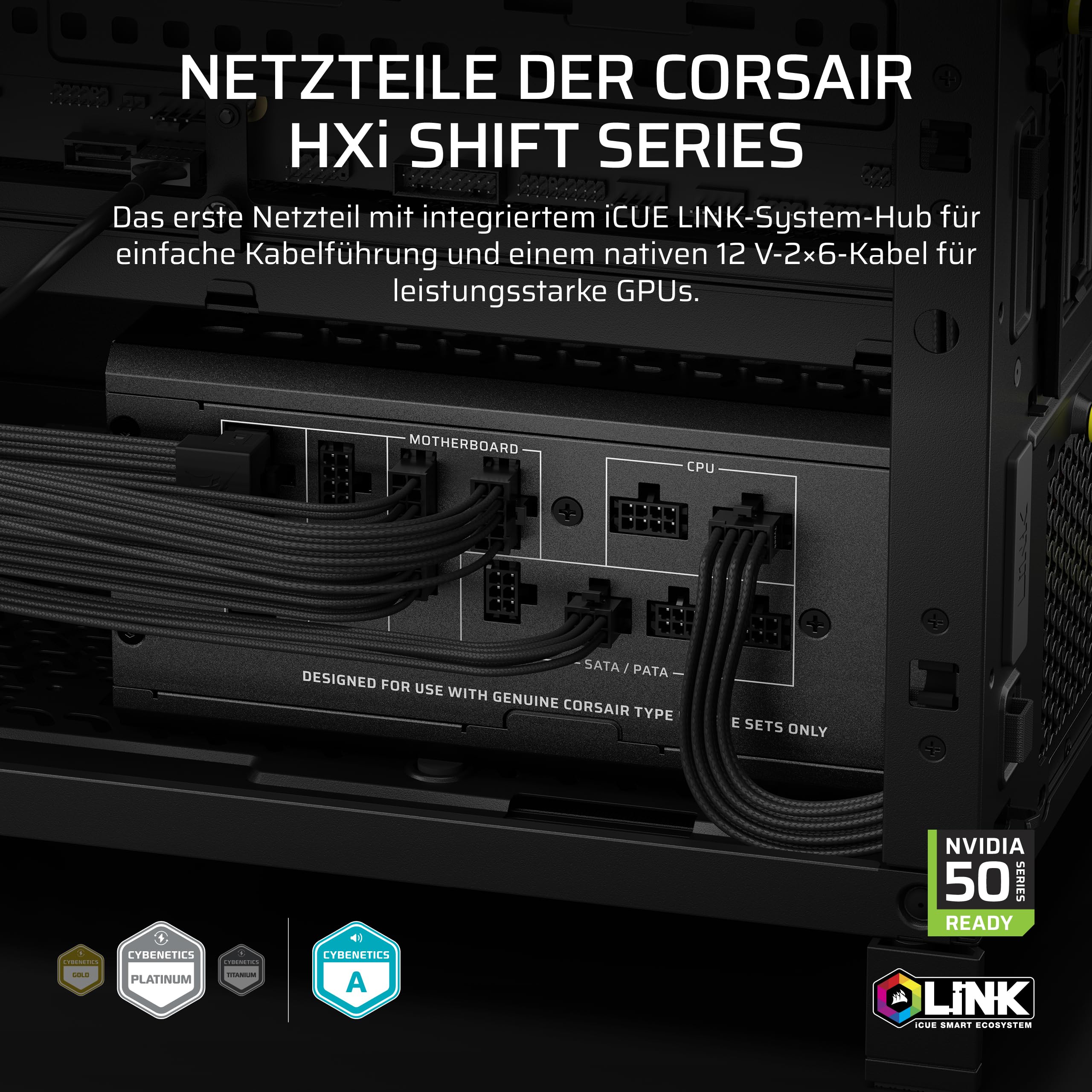 CORSAIR HX1500i Shift ATX-Netzteil, Dual Native 12V-2x6 Kabel – Schwarz | Vollständig Modulares, Eingebauter iCUE LINK System Hub, ATX 3.1, PCIe 5.1, Seitlich Montierte Stecker, Cybenetics Platinum