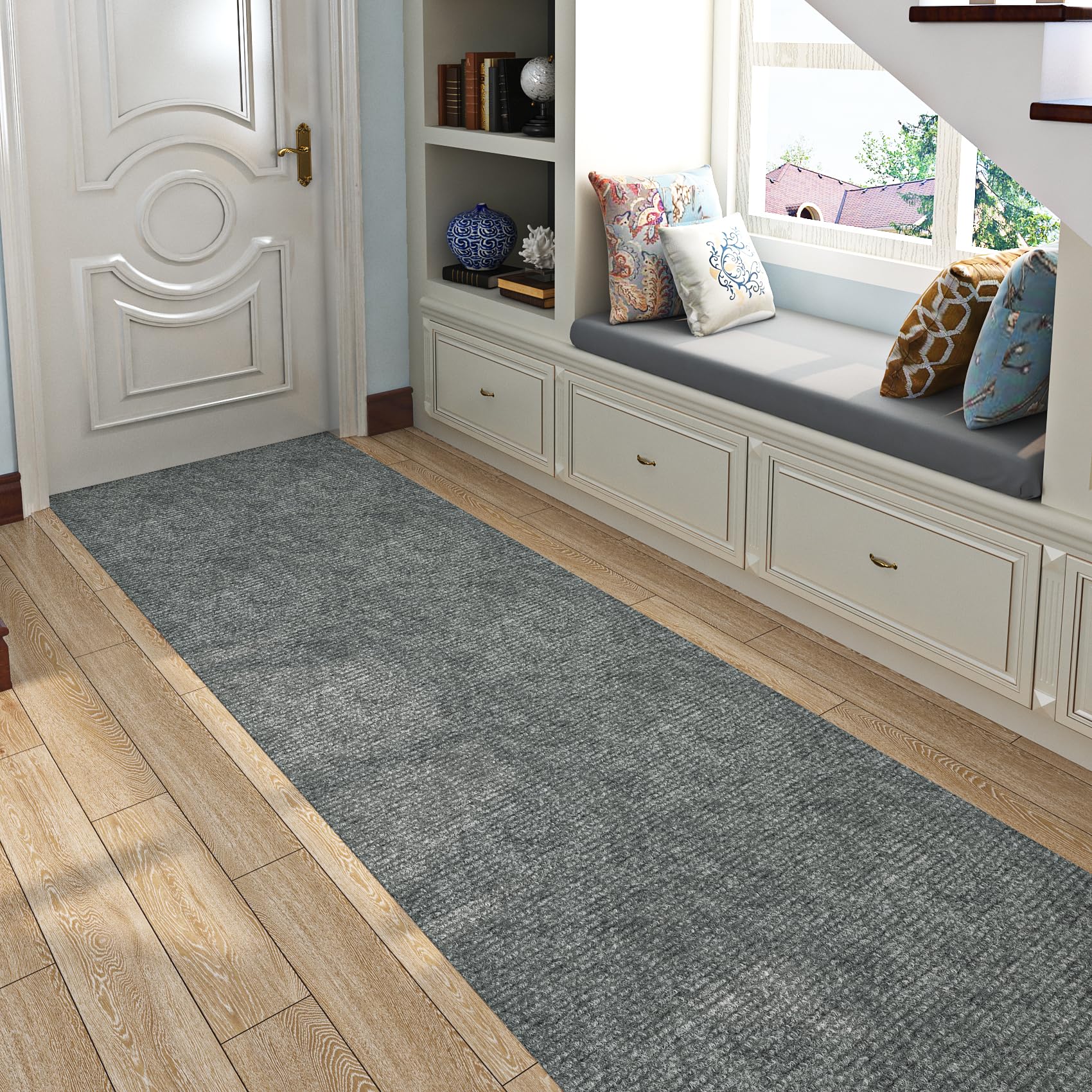 Livelynine Teppichboden Meterware 400 cm X 60cm Breit Rutschfest Teppich für Haus Büro Gewerbe Abwaschbare Auslegware Teppichboden Grau Teppich Bodenbelag Selbstklebend Wohnzimmer Schlafzimmer Flur