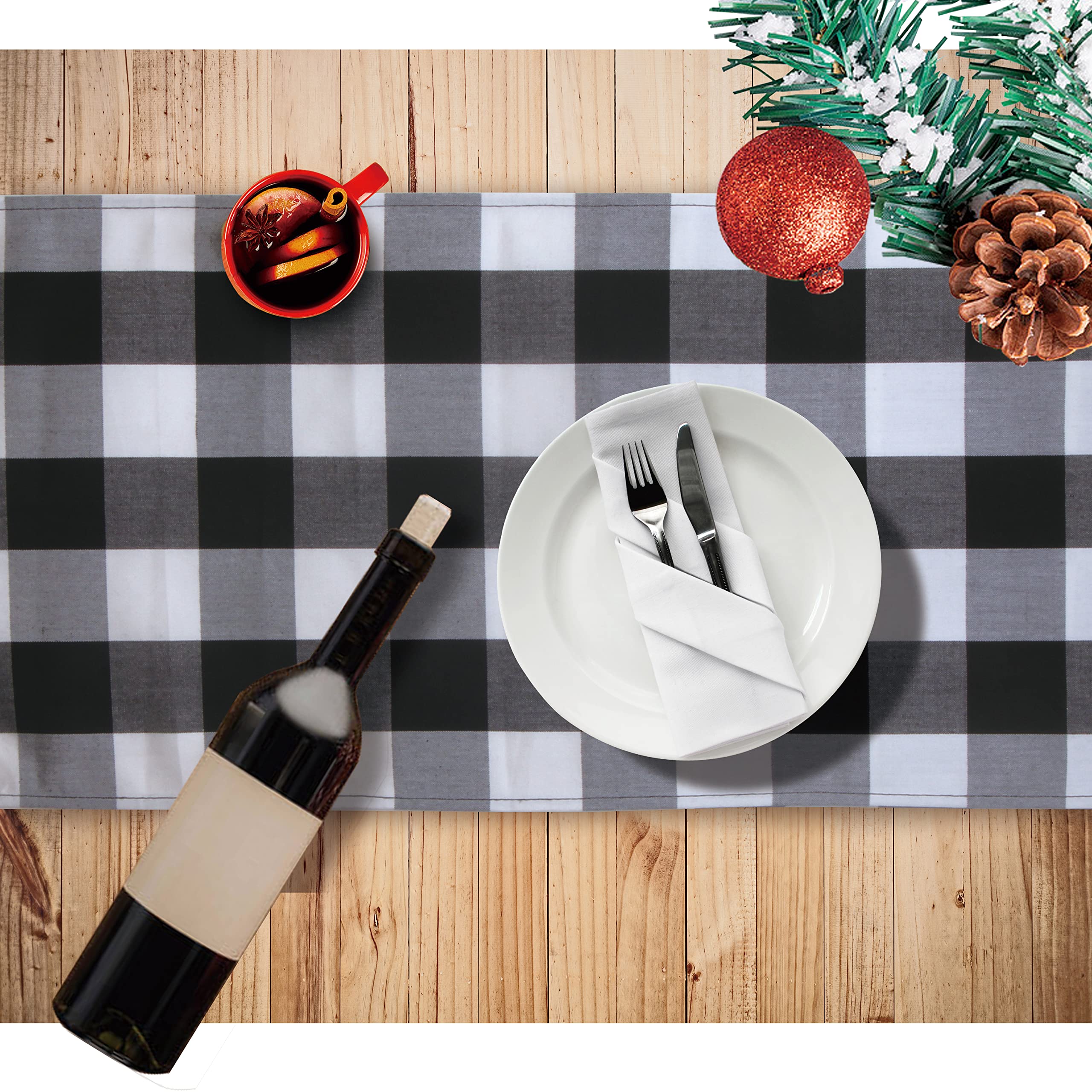Chemin de table de Noël Buffalo Check coton noir et blanc 35x182cm