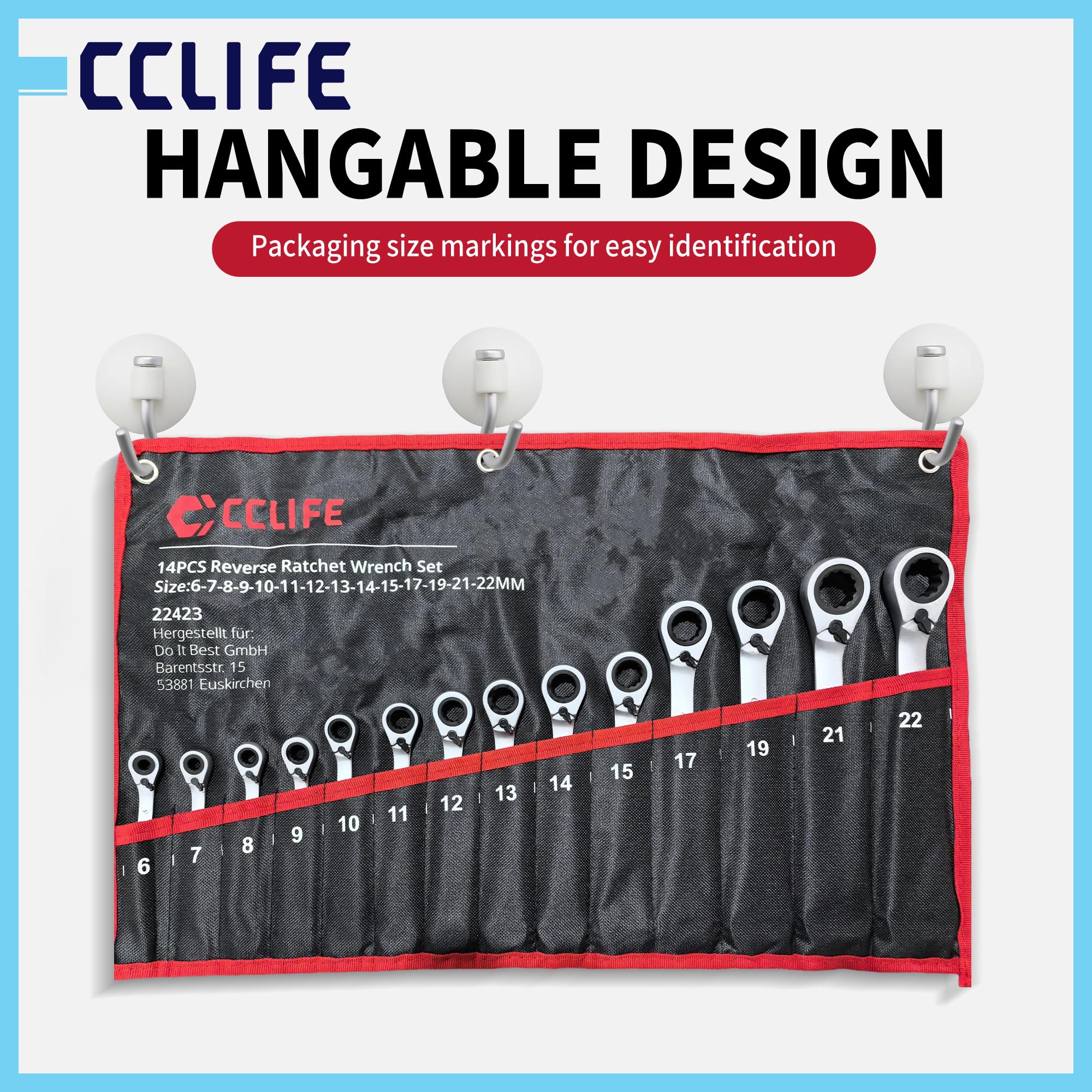 CCLIFE Lot de 14 clés à cliquet réversible 6-22 mm 72 dents CrV avec sac | Fonction de commutation, cliquet et clé mixte 2 en 1 en Cr-V, mécanisme à 72 dents avec sac pour voiture et atelier