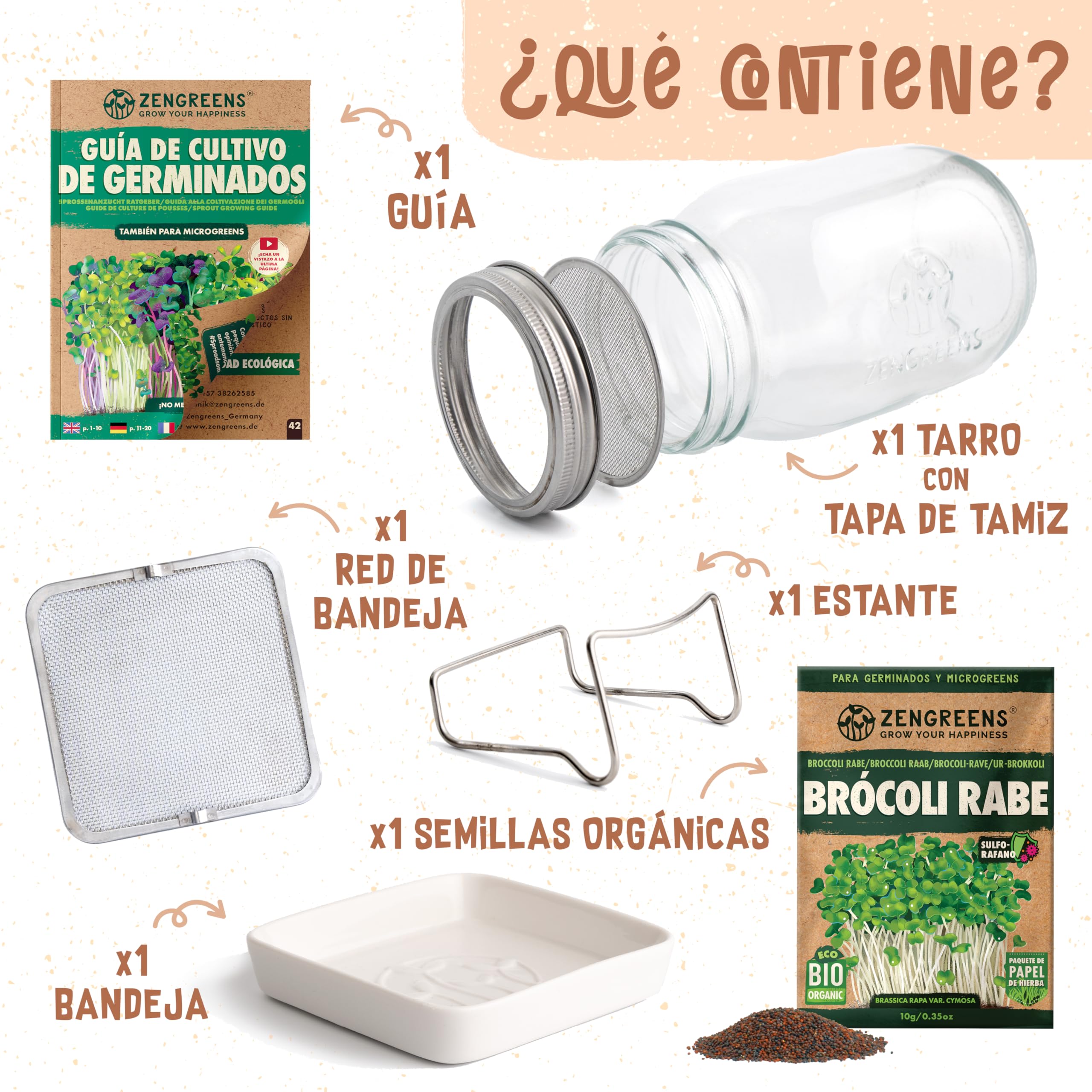 zengreens® Kit de Cultivo de brotes Bio - Set de 1, 2 o 3 tarros de germinación - Incluye Tarro germinador, Bandeja de Cultivo y Semillas para brotes - Incl. guía y videocurso Online