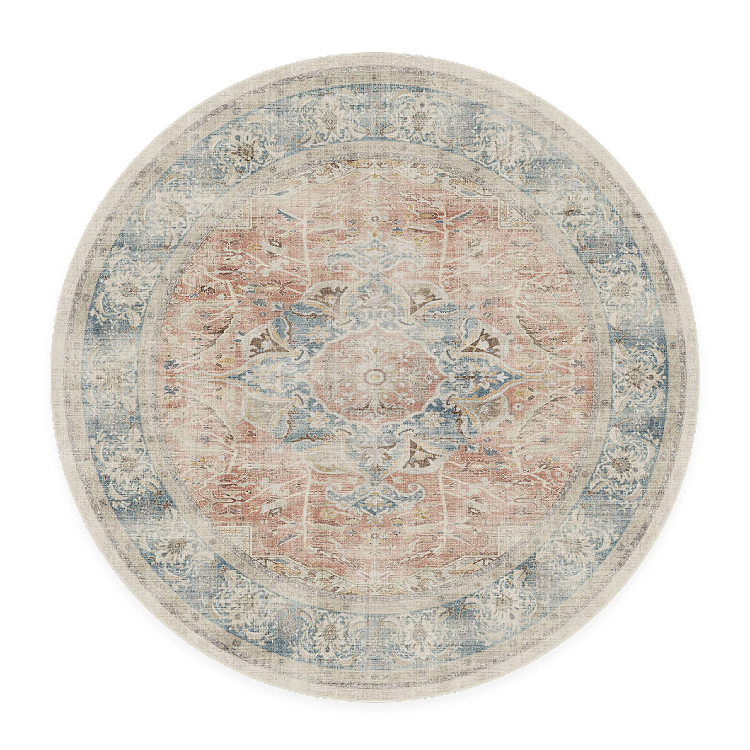RUGGABLE Washable Vintage Area Rug – Sarrah Coral 6 ft Round, Stain-Resistant, Non-Slip with Cushioned Pad – Medium Machine Washable Rugs for Living Room, Bedroom, Hallway, Entryway & Office