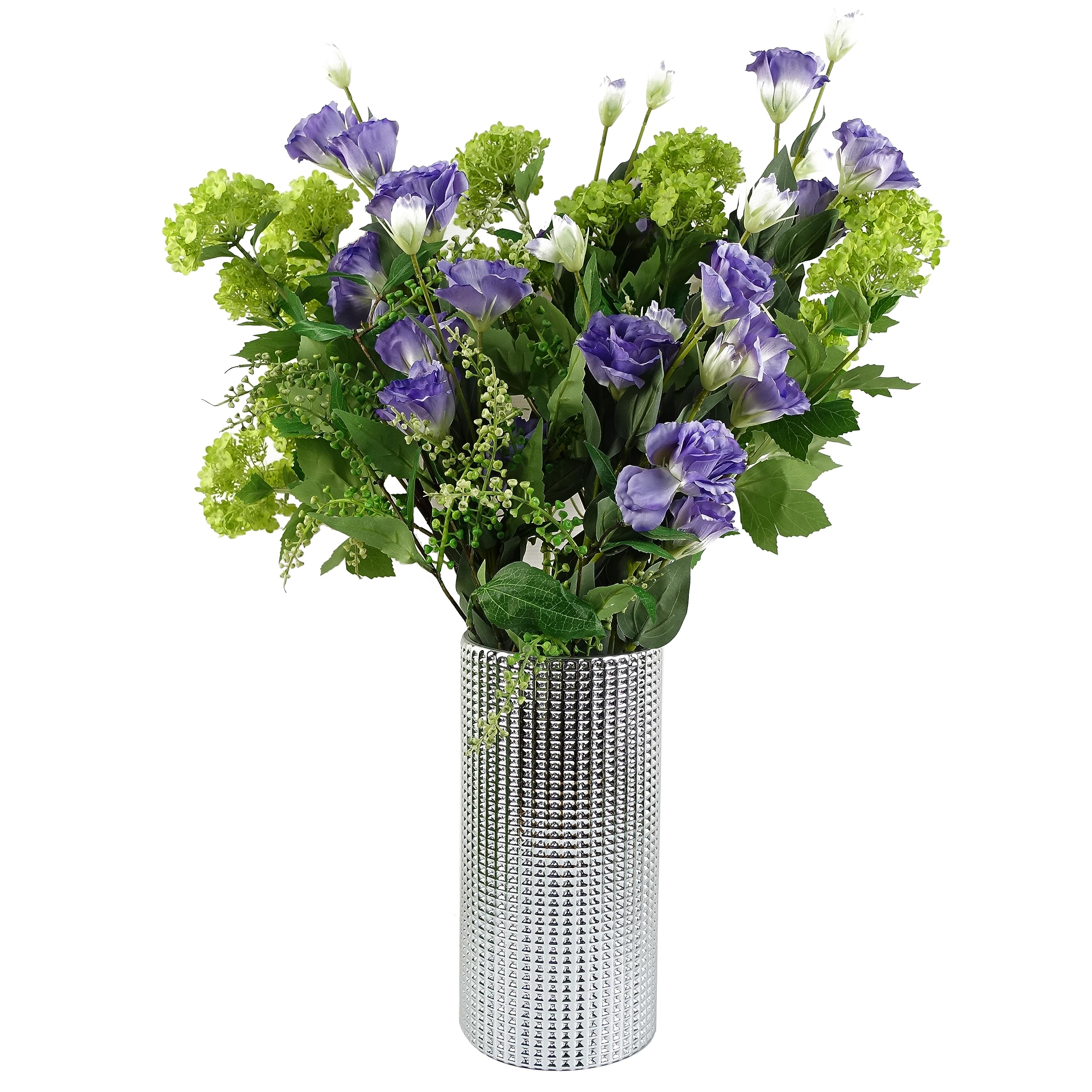 Leaf 60Cm Artificial Wild Rose Arrangement With Silver Glass Vase Purple