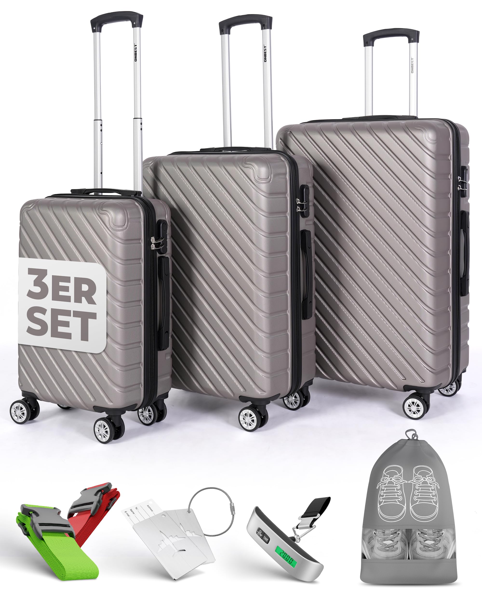 Onbest 3er Kofferset XXL 20/24/28 Zoll Champagner mit Kofferwaage | ABS-Hartschalenkoffer mit Rollen, Reisegepäck-Set aus Reisekoffer, Trolley und Rollkoffer, digitale Waage