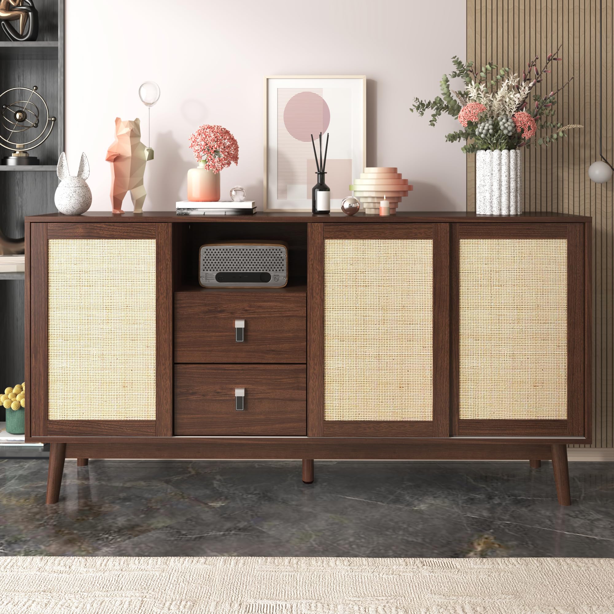 Sideboard 155x38x80 Cm Mit Rattan Schiebetüren 2 Schubladen Holzfüße Atmungsaktiv Stauraum Buffetschrank Anrichte Wohnzimmer Schrank Regal Mit Türen Für Flur Esszimmer