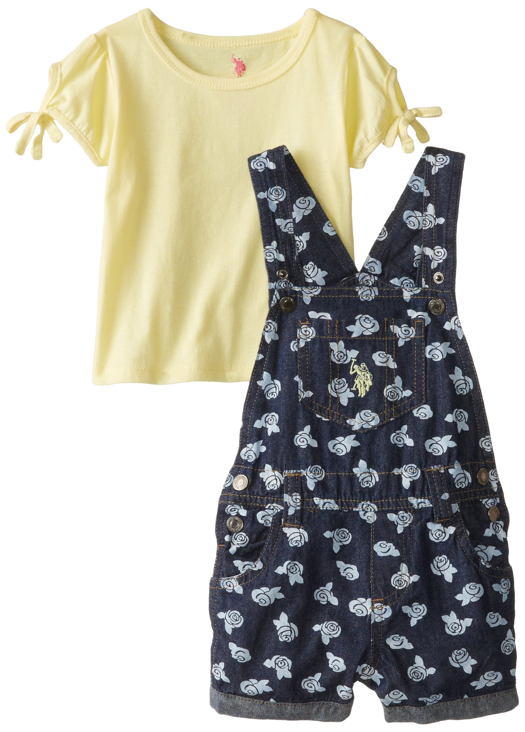 U.S. Polo Assn. Baby Girls' Flower Print Denim Shortall with Top