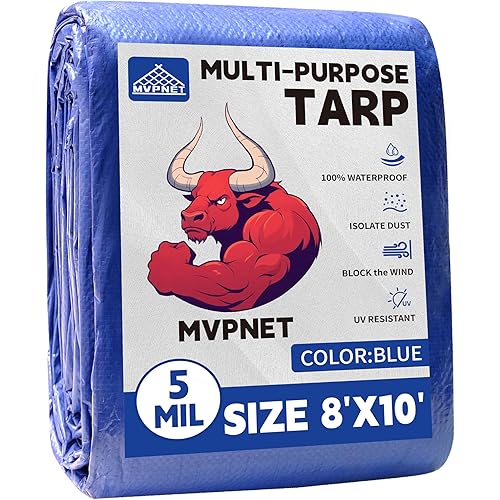Tarp 8x10 ft 100% Waterproof Uv Resistant High Durability Multipurpose 5mil Blue Tarp for Covering Courtyards, Cars, Camping, Gardens, Pet Nests -by MVPNET