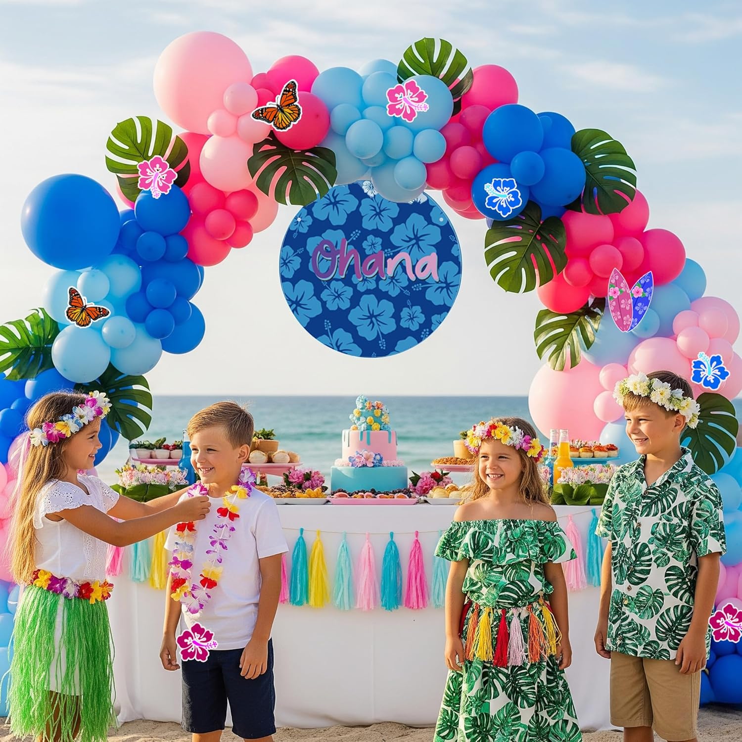 Hawaiian Theme Balloon Garland Arch Kit Hot Pink Blue Hot Pink Balloons with Ohana Backdrop Palm Leaf Stickers for Summer Tropical Birthday Party Baby Shower Wedding Gender Reveal Decoration