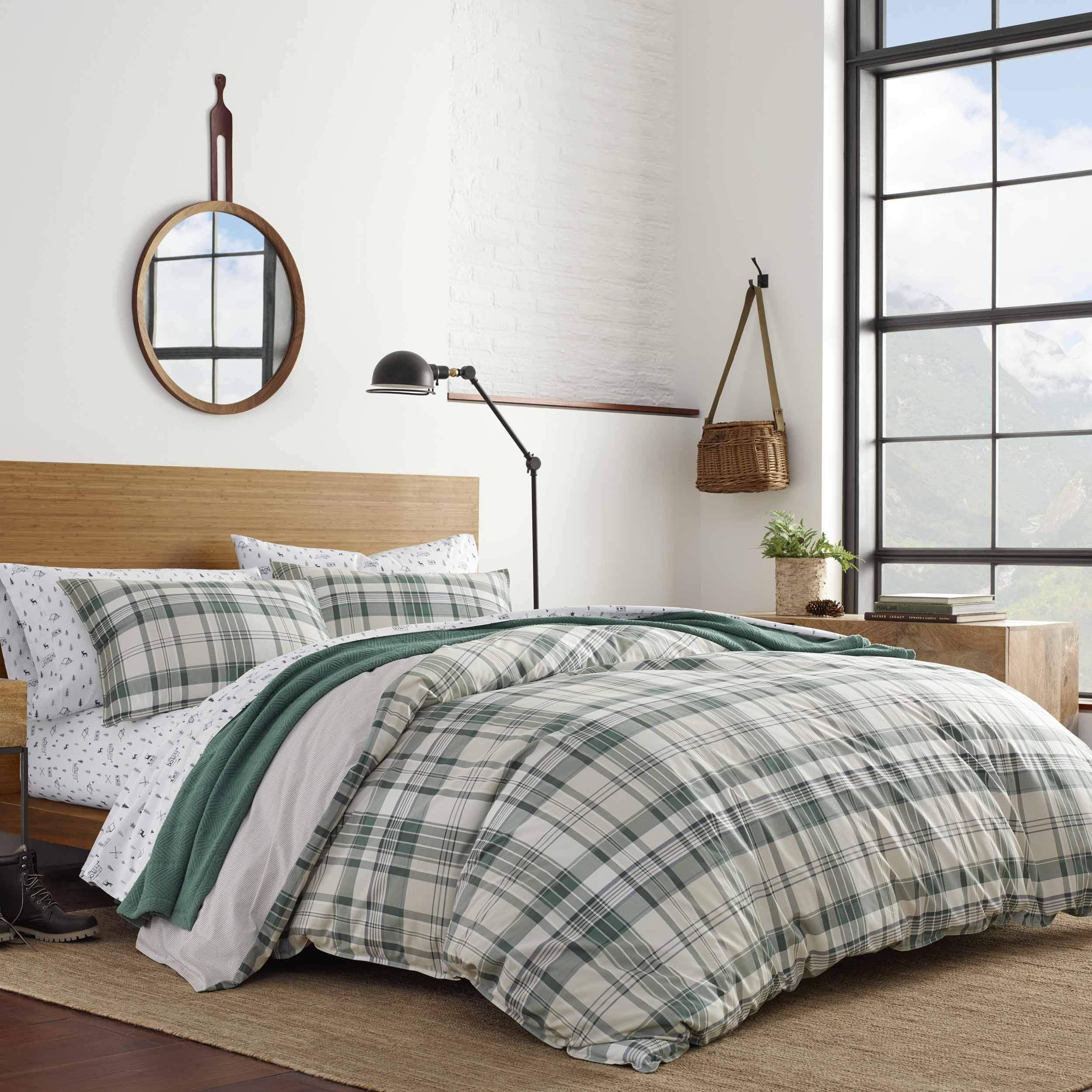 King Duvet Cover Set, Cotton Reversible Bedding with Matching Shams, Plaid Bedding Set (Timbers Evergreen, King)