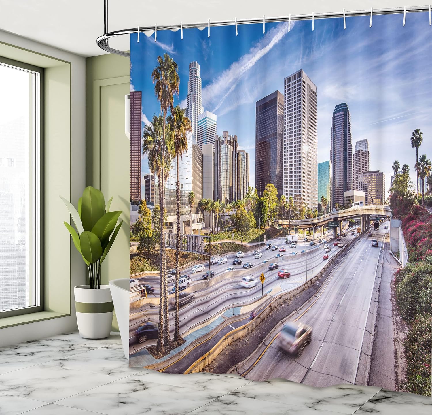Ambesonne Travel Shower Curtain, Downtown Cityscape of Los Angeles California USA Avenue Buildings Palms Print, Cloth Fabric Bathroom Decor Set with Hooks, 69" W x 70" L, Blue Grey Green