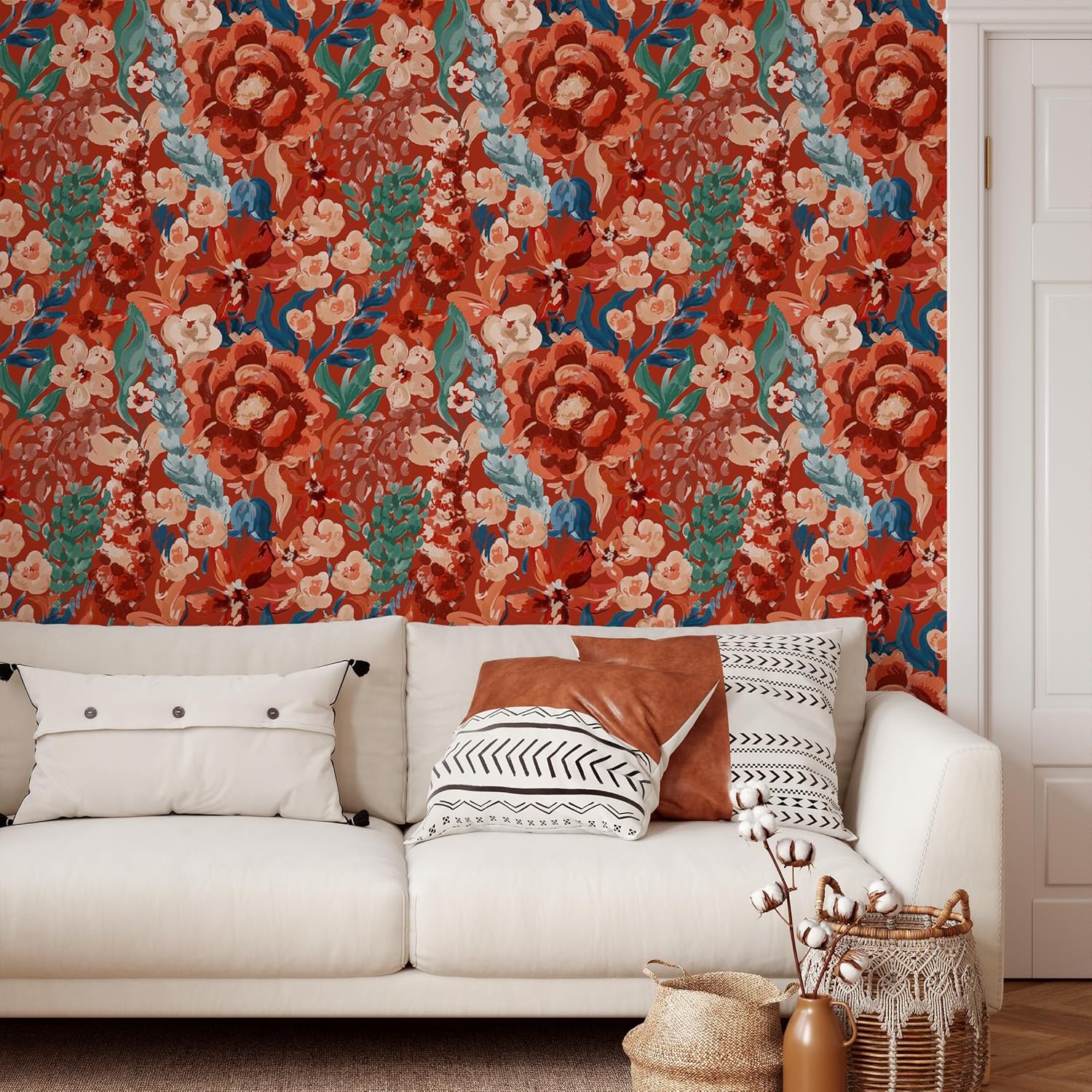 Vintage Floral Wallpaper Peel and Stick Red Flower Contact Paper Wall Paper Roll Self Adhesive Wallpaper for Bedroom Drawer Shelf Liner Decor 17.7in x 9.8ft