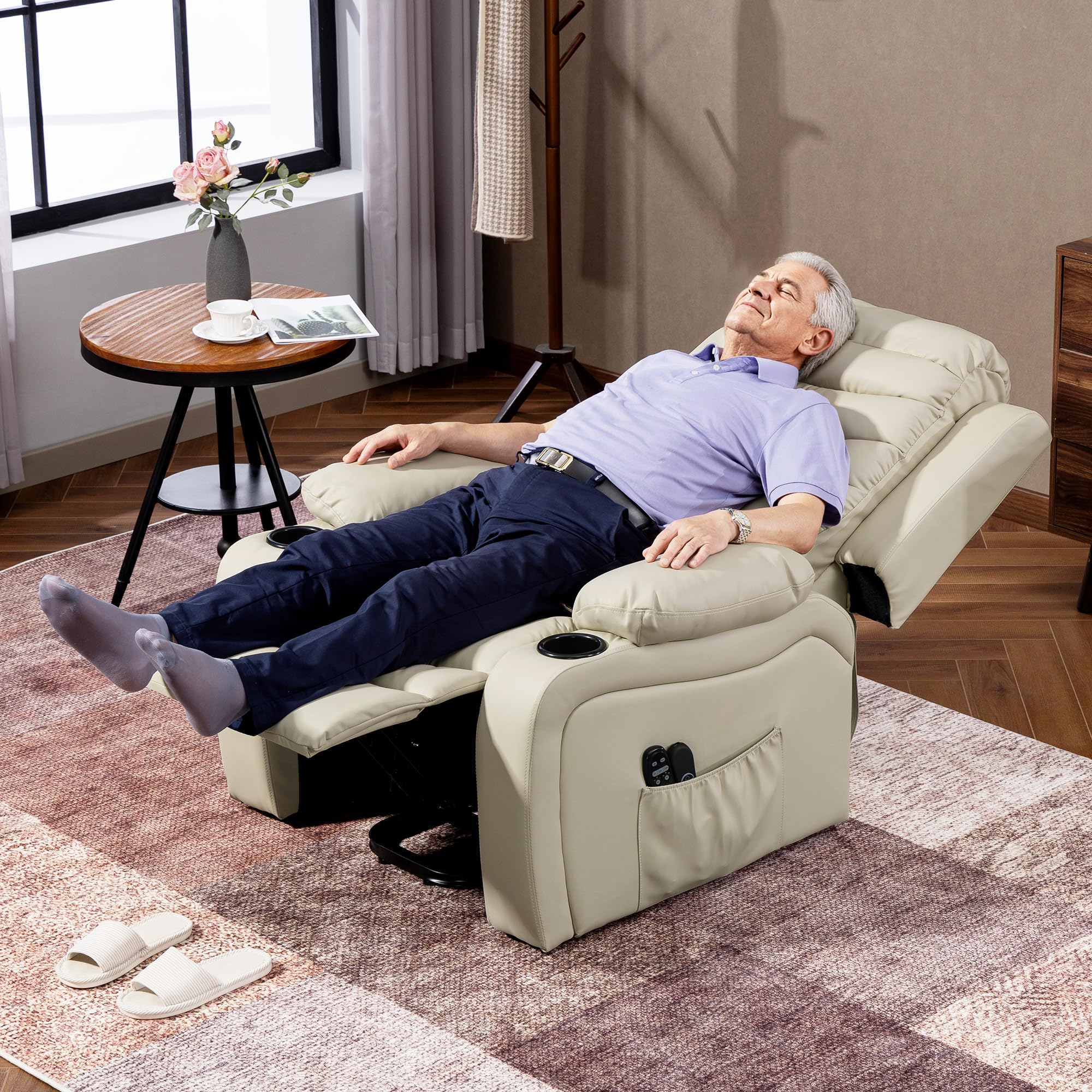 HOMCOM Sillón Relax Reclinable Eléctrico Levanta Personas, con Masaje Vibratorio y Calor, Sillón Elevador, con Puerto USB, Control Remoto, Reposapiés, Tapizado en PU, Bolsillos, Portavasos, Crema