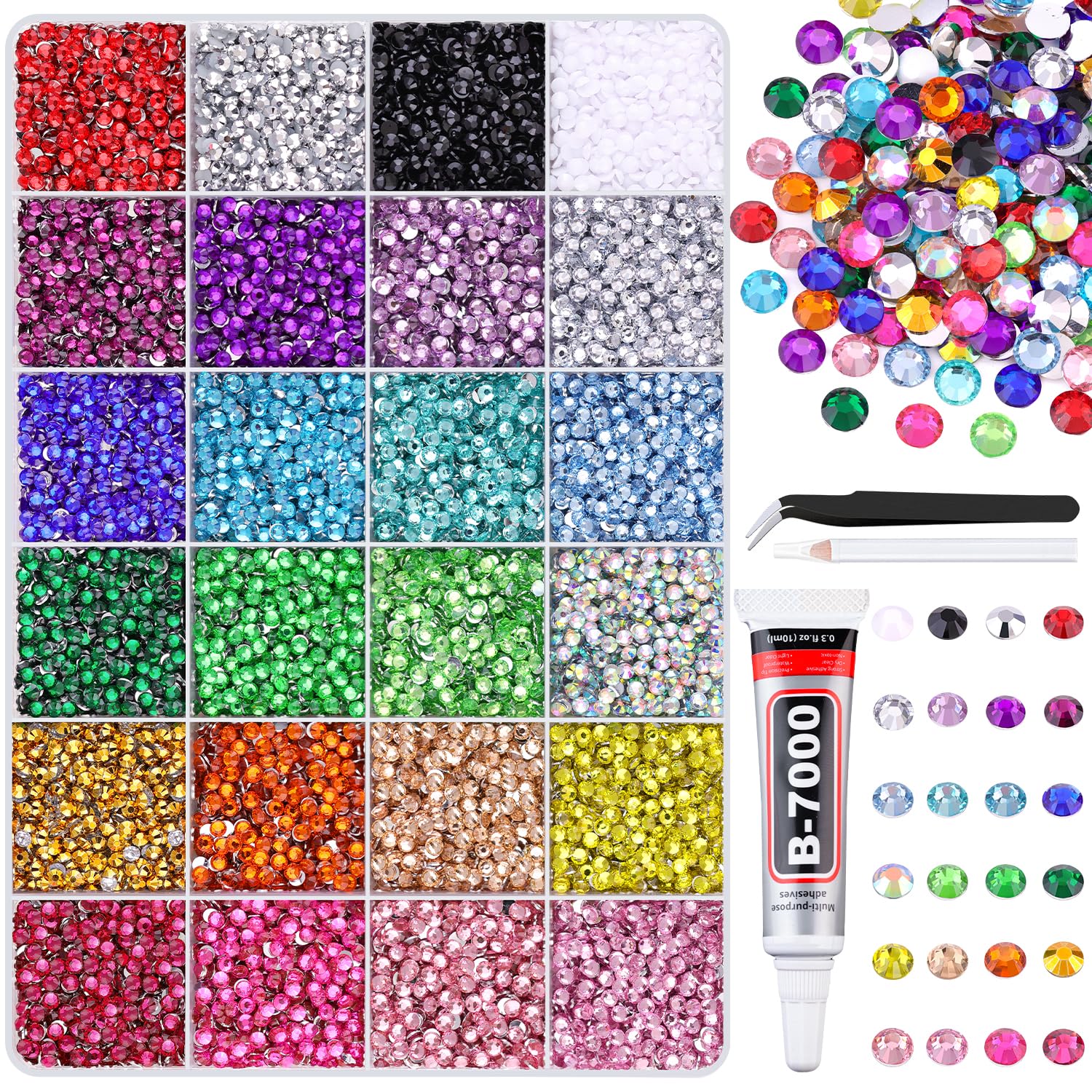 Photo 1 of 24000Pcs Resin Rhinestones for Crafting with Tweezers, Multicolor 3mm Flatback Gems with 1 Pc B7000 Jewelry Glue, Bedazzling Crystal for Crafts Clothing Tumblers Mugs Shoes Fabric Nail Art