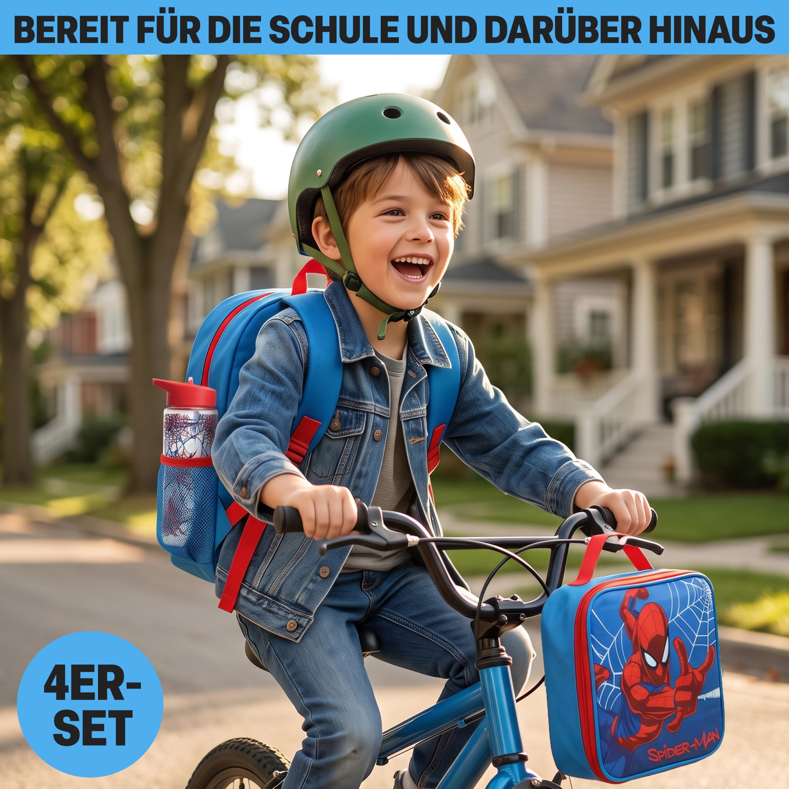 Get Trend Marvel Spidey Rucksack Kinder 4er Set, Großer Kinderrucksack 46cm, Trinkflasche 500ml, Federmäppchen & Isolierte Lunchtasche, Geschenk für Kinder (Blau/Multi Spiderman)