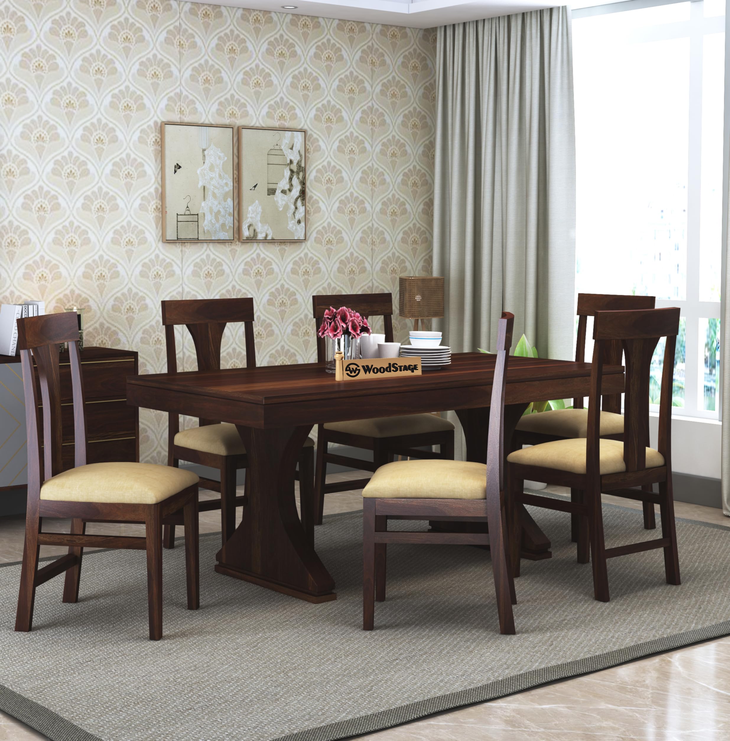 WOODSTAGE Sheesham Wood 6 Seater Dining Table with Cushioned Chairs for Living Room Wooden Dining Room Set for Home (Walnut Finish)