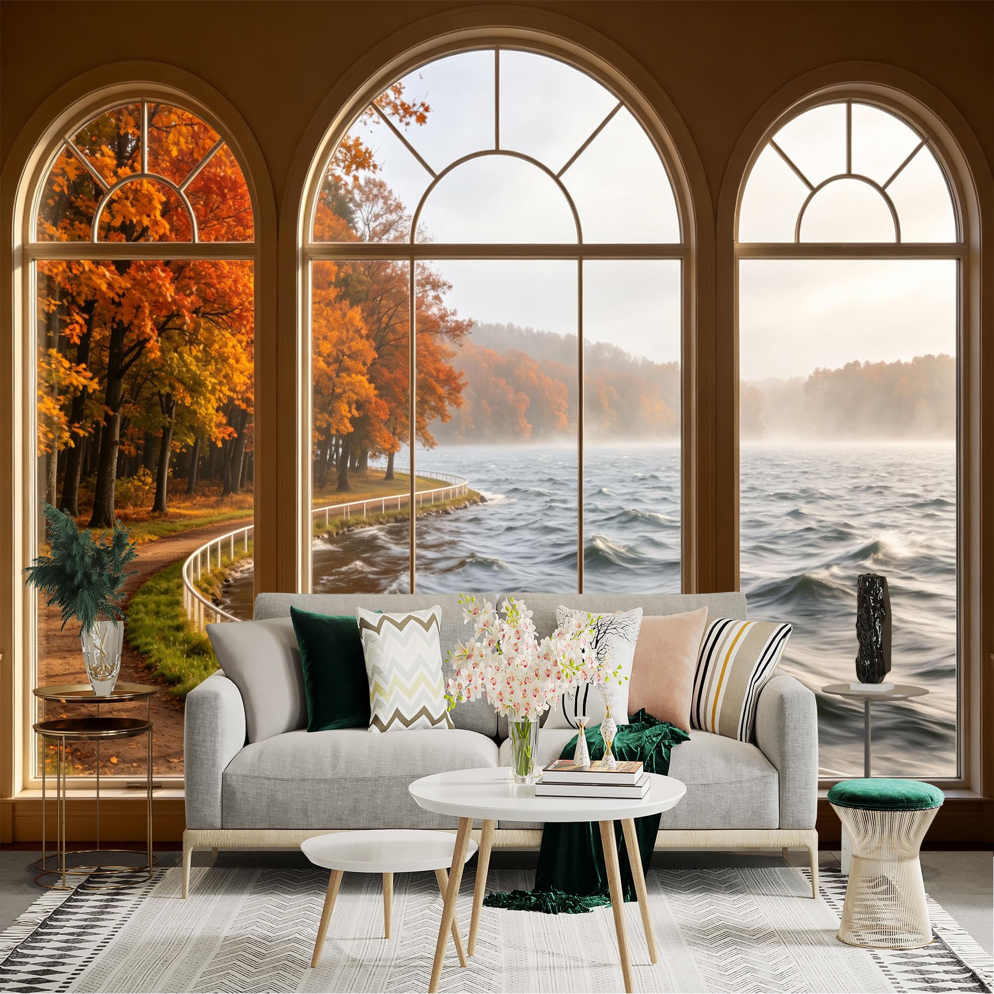 Custom Size Wall Sticker Mural， Autumn Lake Scenery， Misty Forest View， Window Perspective， Fall Foliage Landscape， for wall Decoration， peelandstick wall Decals.