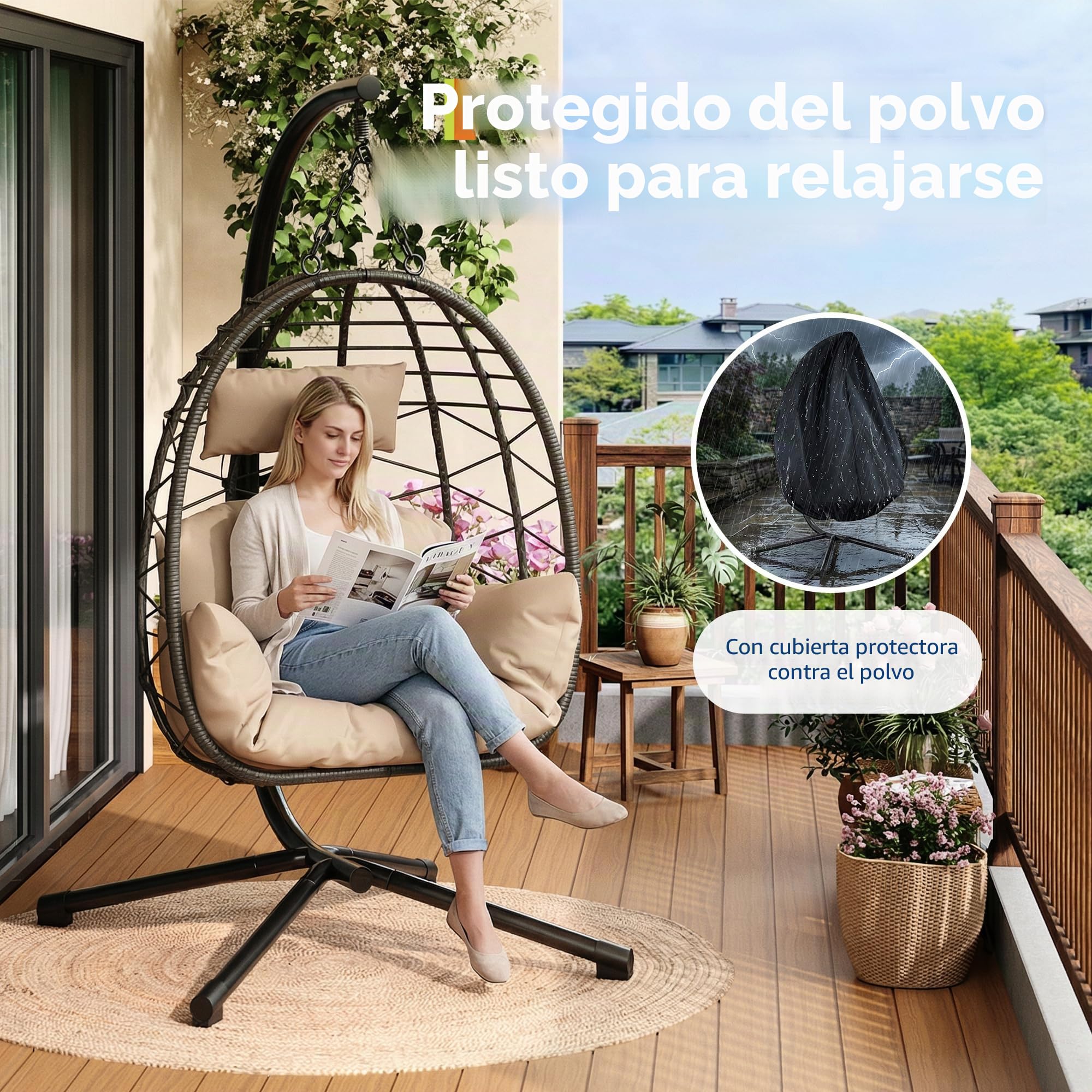 Hamaca colgante con estructura para exteriores, soporta hasta 150 kg, de ratán con estructura de metal, ideal como asiento colgante para interior, con estructura para jardín, terraza y balcón, color