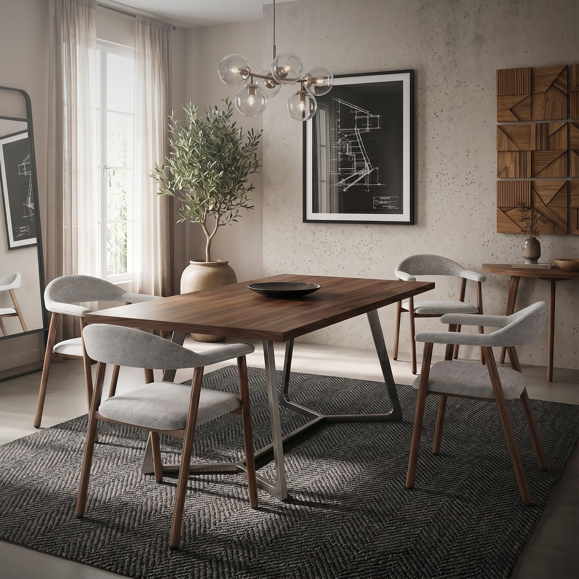 ML-Design Juego 4 Sillas de Comedor con Reposabrazos, Asientos de Cocina y Salón con Respaldo, Tapizado Tejido Gris y Estructura de Acero con Aspecto Madera, Sillones Ergonómicos Modernos