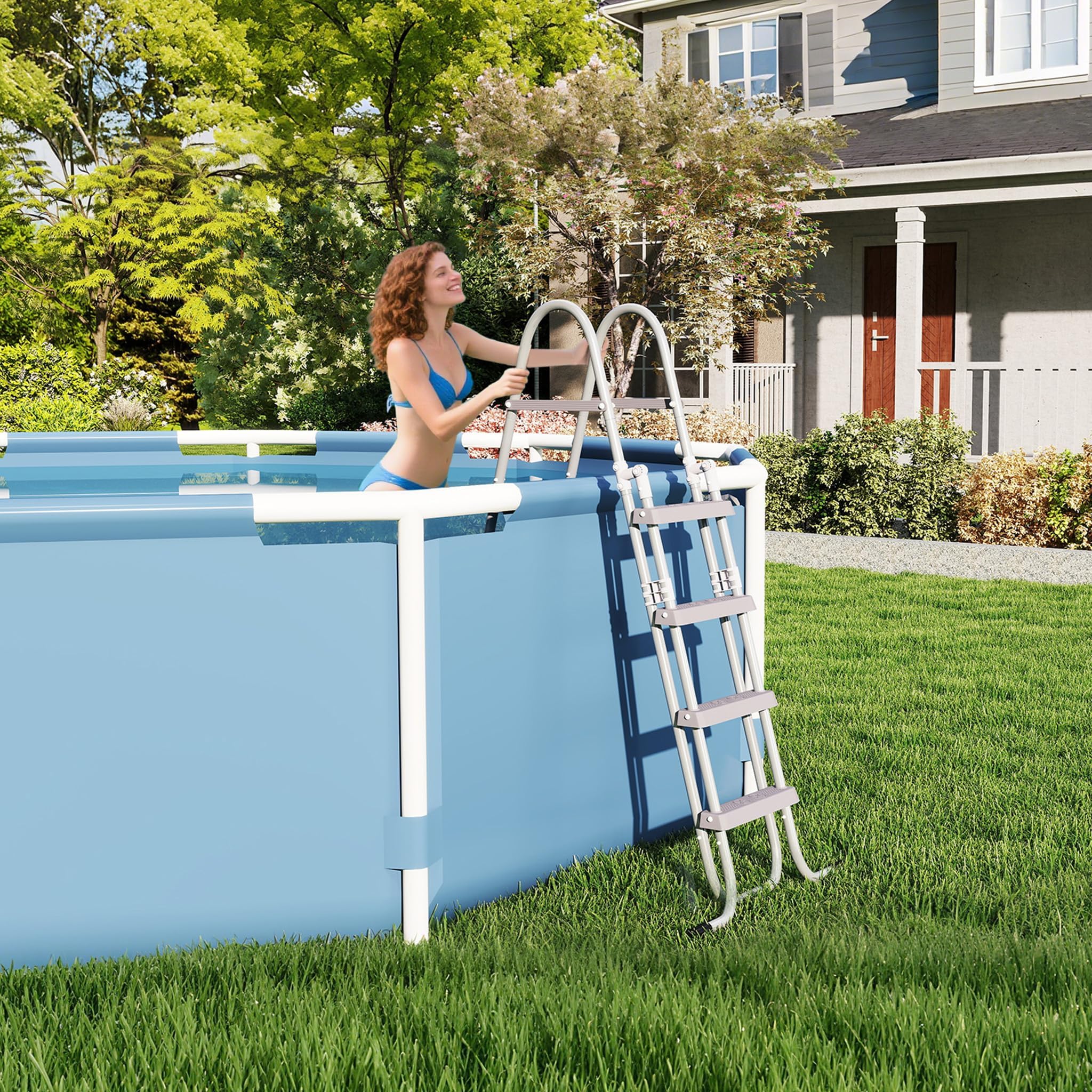 Échelle de piscine à 4 marches en métal pour piscine hors-sol jusqu'à 130 cm réversible charge maximale 150 kg gris