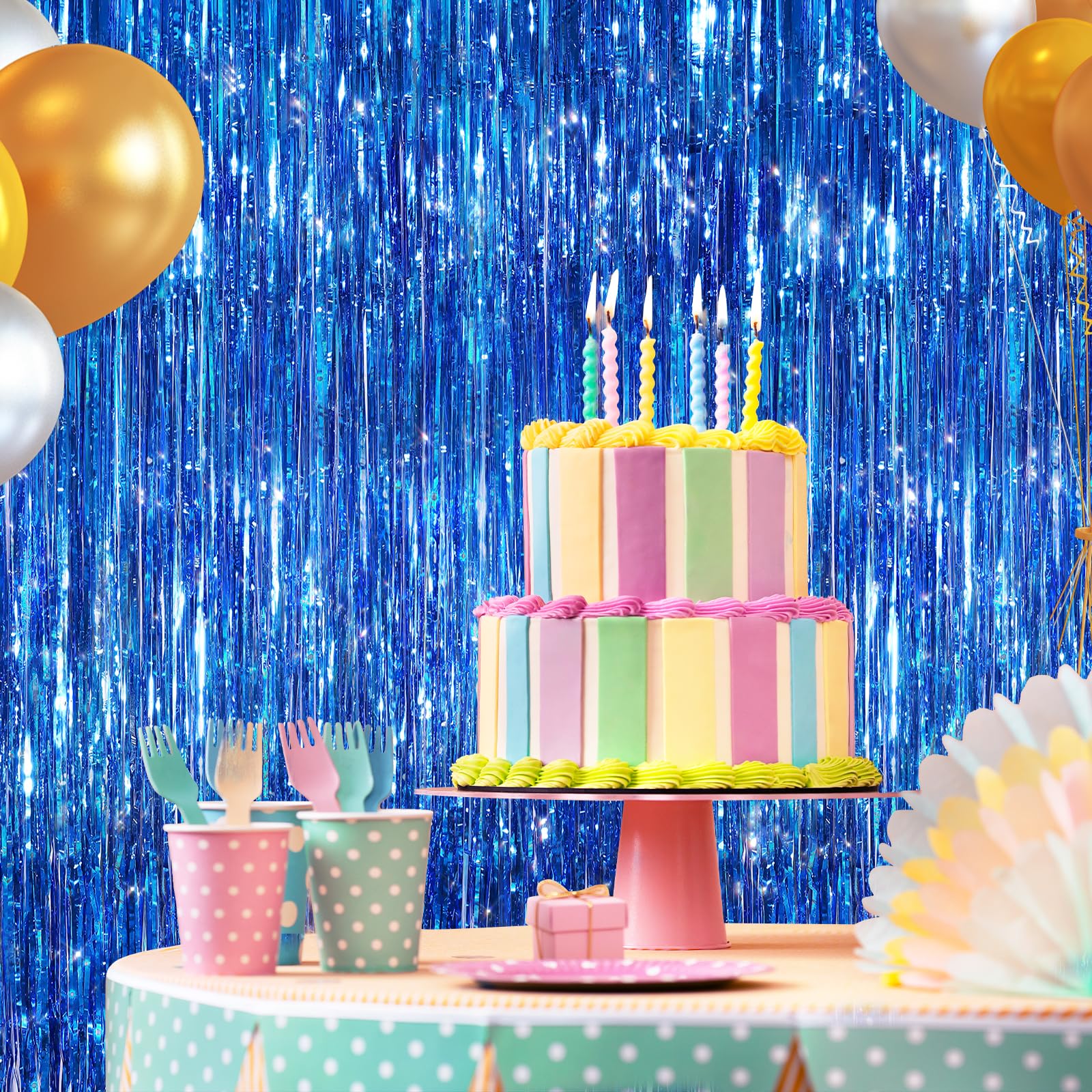 Niebieskie metaliczne zasłony foliowe z frędzlami, serpentyny do drzwi, tło do budki fotograficznej, tło do budki urodzinowej, zasłona na baby shower, wieczór panieński, dekoracje świąteczne