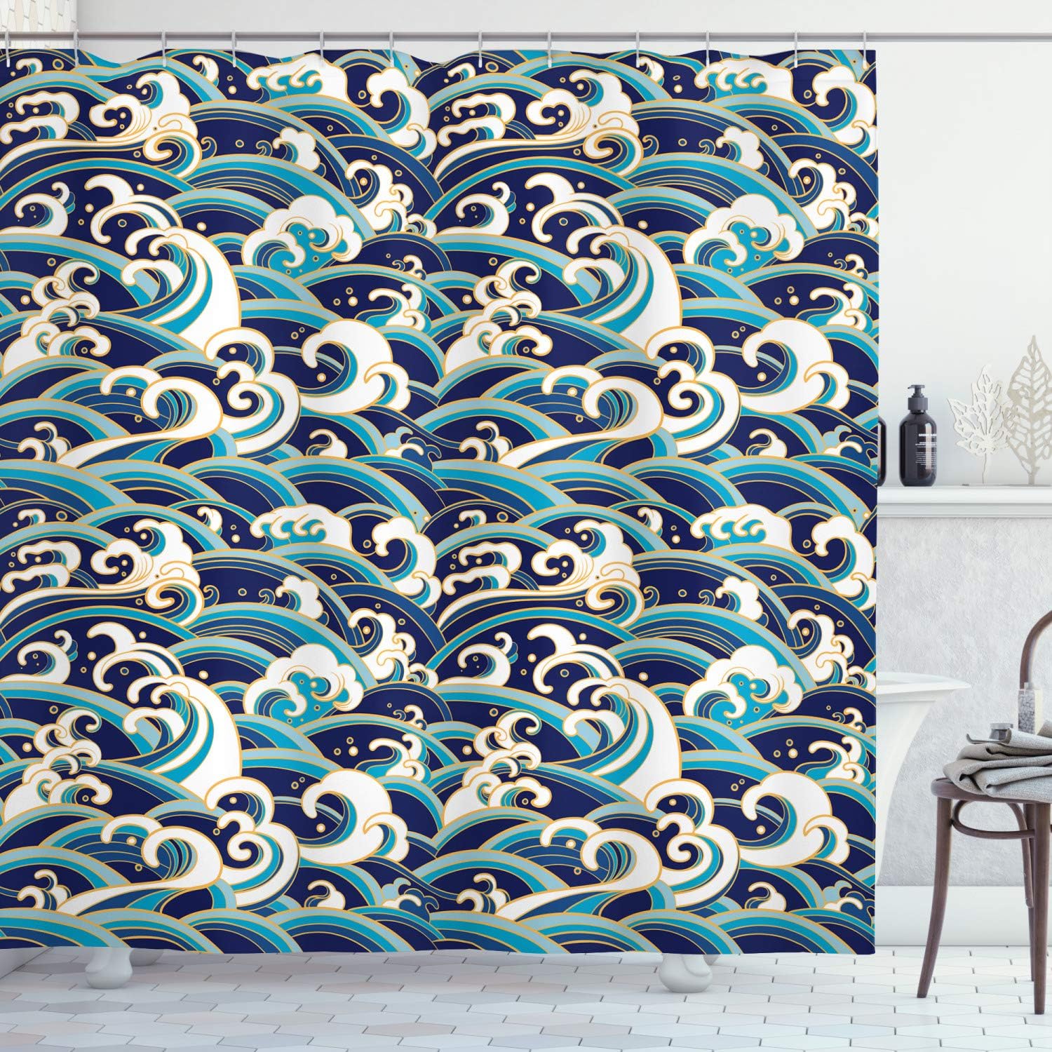 Ambesonne Nautical Shower Curtain, Traditional Oriental Style Ocean Waves Pattern Foam and Splashes Print, Cloth Fabric Bathroom Decor Set with Hooks, 69" W x 84" L, Blue and White