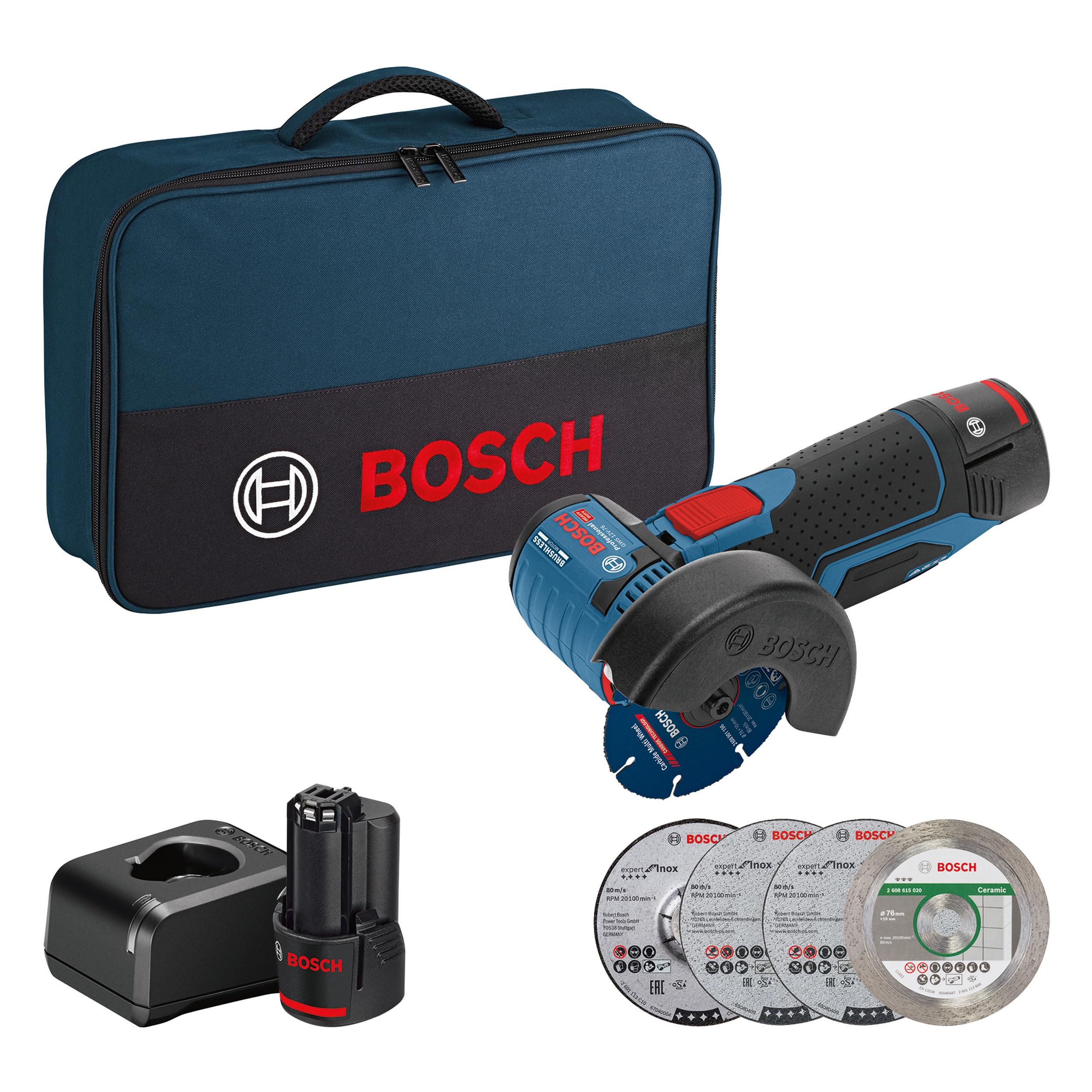 Bosch Professional 12V System GWS 12V-76 cordless angle grinder (including 2x2.0 Ah battery, 5-piece cutting and grinding disc set, in bag)