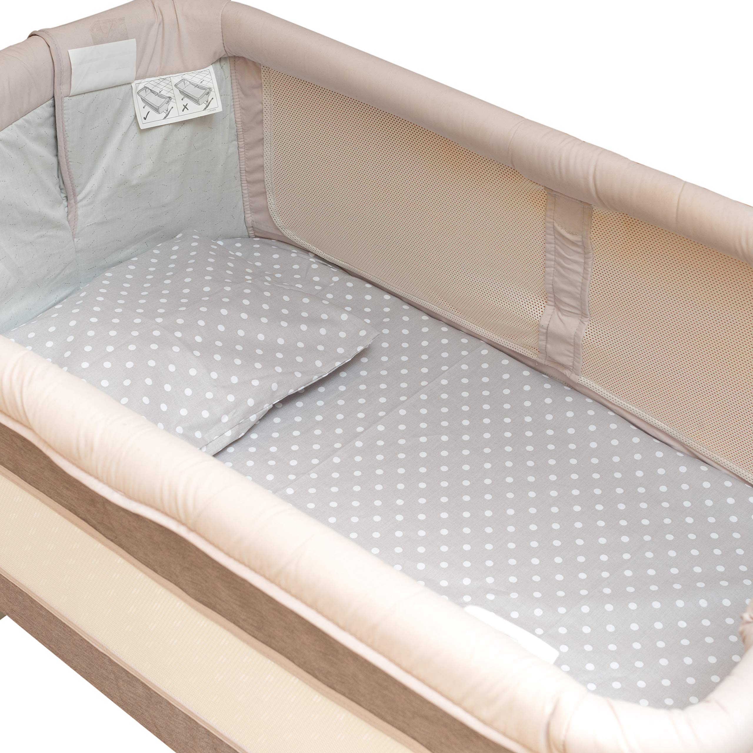CangooCare© Set Lenzuola 4 Pezzi Compatibile Next2Me, Culle Cosleeping, Carrozzina, 100% Cotone, 2 Lenzuola Con Angoli, 1 Lenzuolo Sopra, 1 Federa (Pois Grigi)