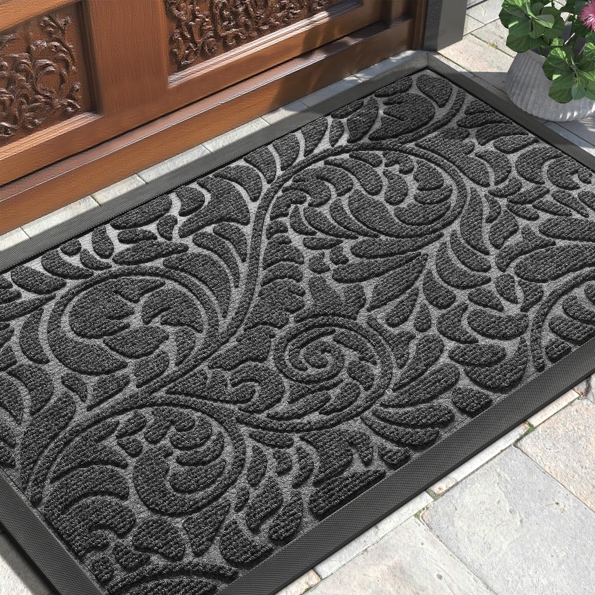 Yimobra Door Mat Outside Entrance 29.5x17, Waterproof Sturdy Outdoor Mats for Front Door, Heavy Duty Non-Slip Doormat for Garage Patio Entryway Indoor, Easy Clean, Grey