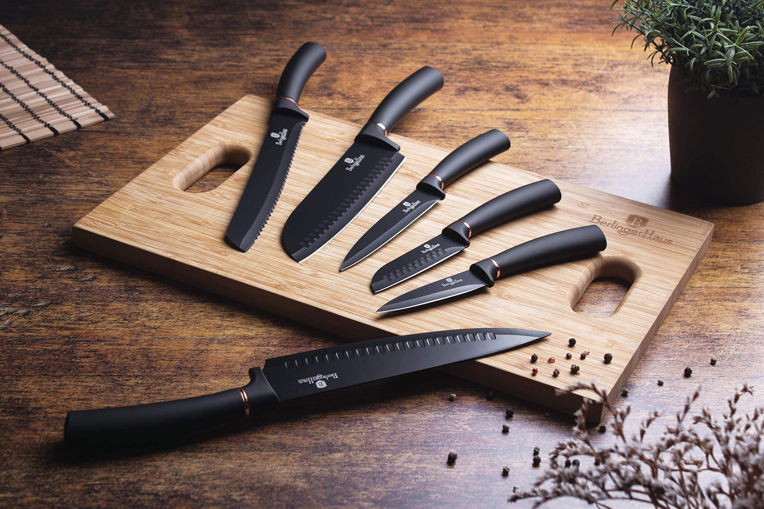 Berlinger Haus Black Rose Set de Couteaux de Cuisine Professionnel 8 Pièces, Acier Inoxydable, Revêtement Antiadhésif, Support, Couteau de Chef, Santoku, Acier à Aiguiser, Ciseaux, Design Moderne