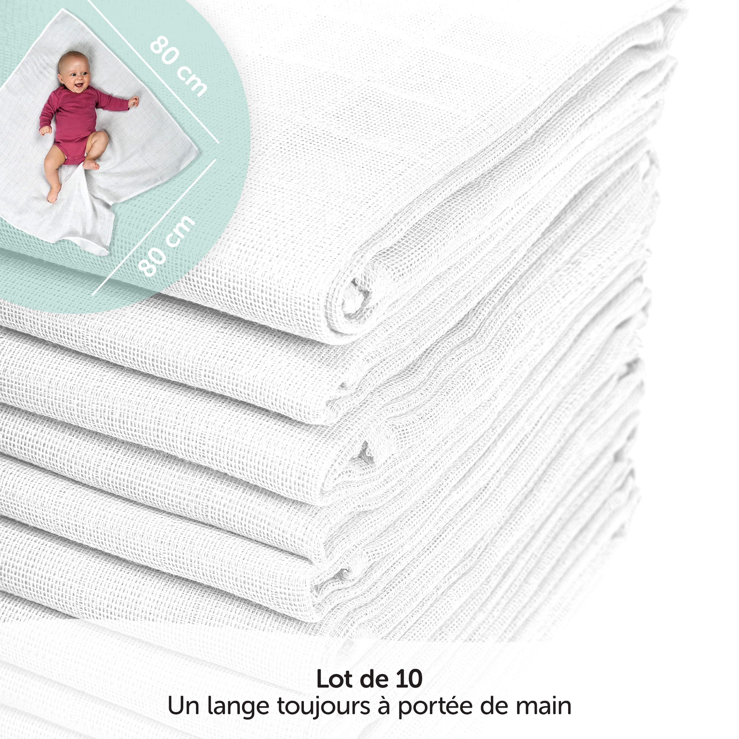 MAKIAN - Lange Bebe (Lot 10 Pièces) 80x80 cm - 100% Coton Doux Mousseline de Qualité Supérieure, Double Gaze, Bordure Renforcé, Certifié Oeko Standard - Blanc