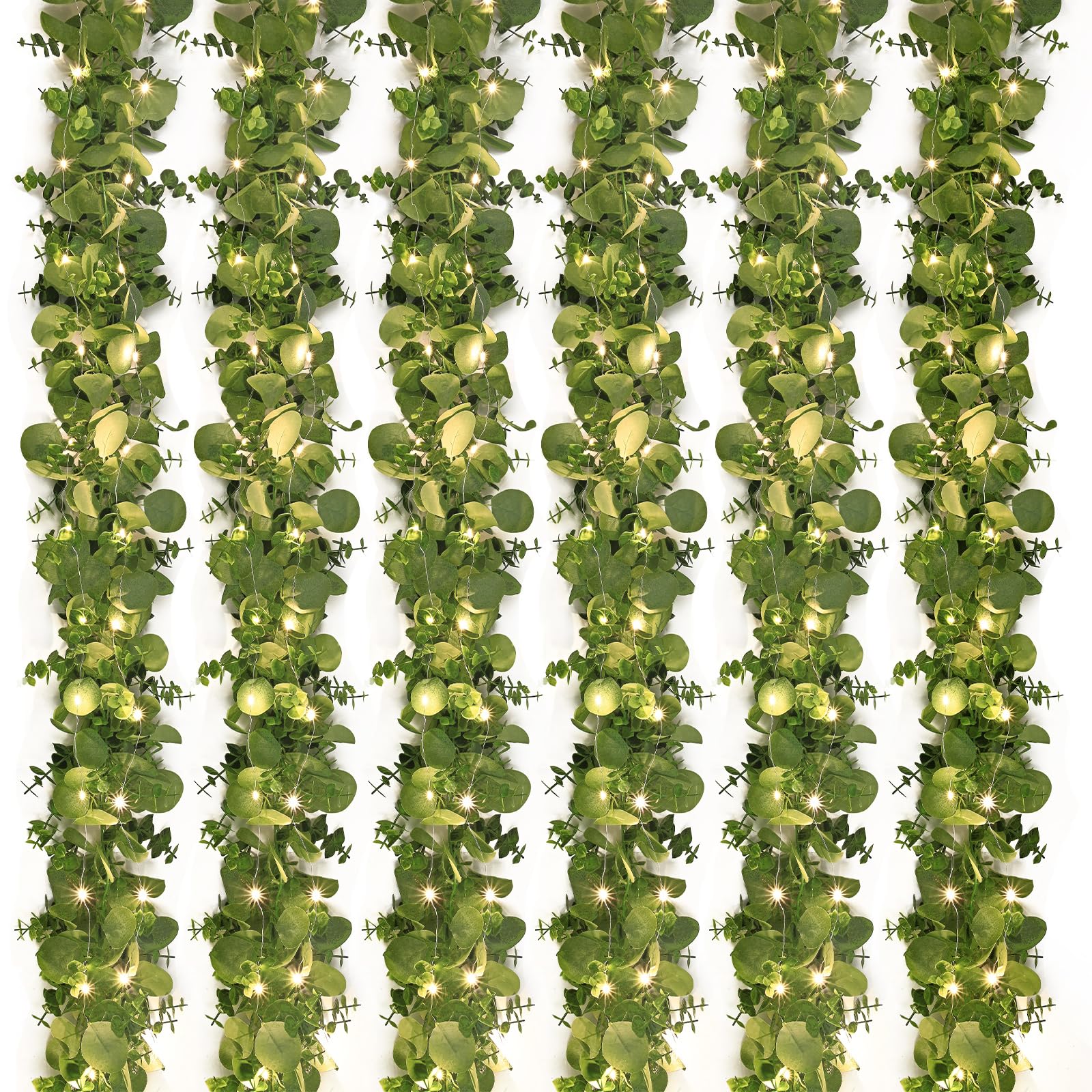 Dolicer 6 Packs 6FT Artificial Eucalyptus Garland with LED Light String, Faux Greenery Garland Hanging Fake Silver Dollar Eucalyptus Leaves Vines for