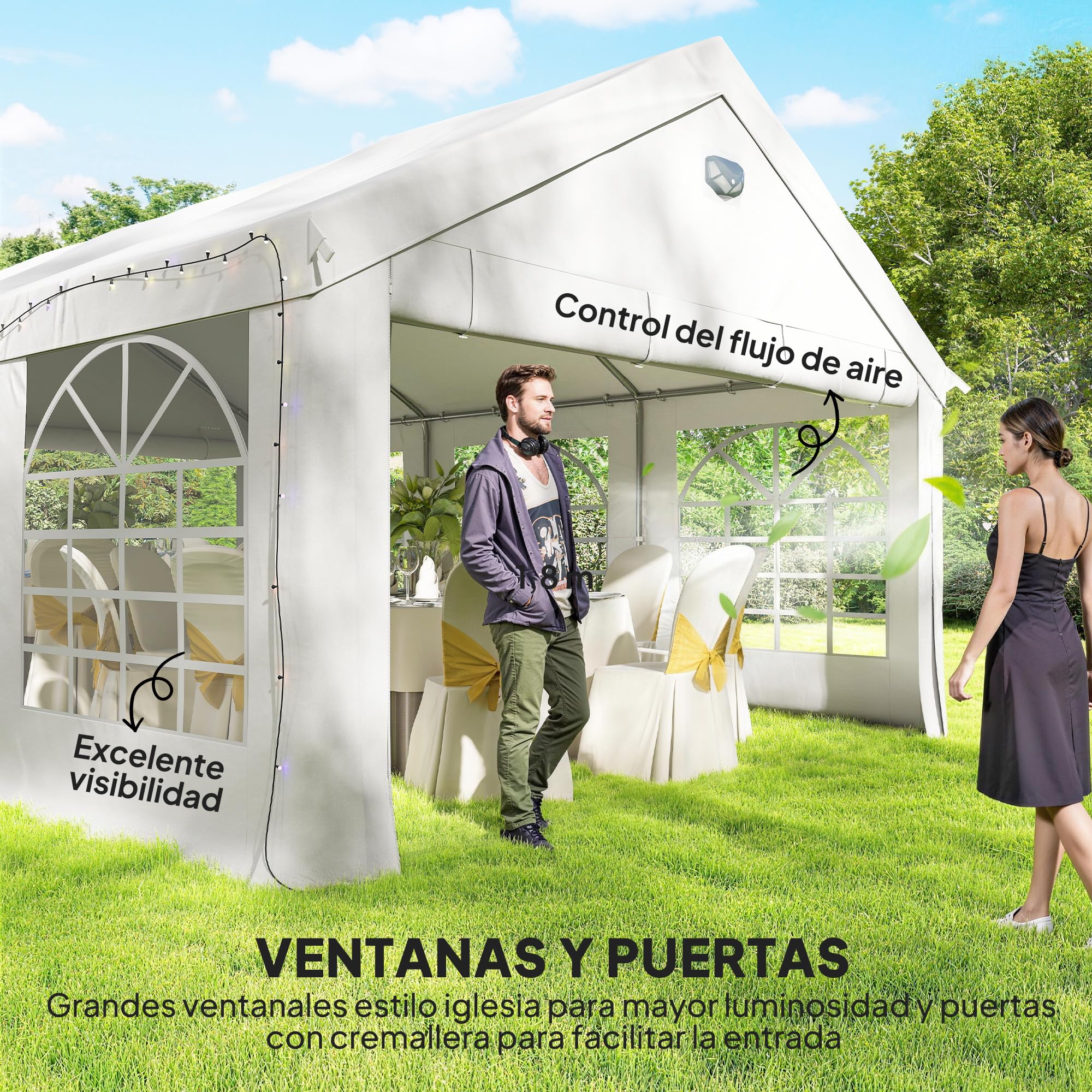 Outsunny Carpa para Fiesta 4x6 m con Luces LED, Tiras, Carpa de Jardín con Estructura Acero Galvanizado, Paredes Laterales Extraíbles, 2 Puertas con Cremallera, Ventanas, UPF30+, para Eventos, Blanco