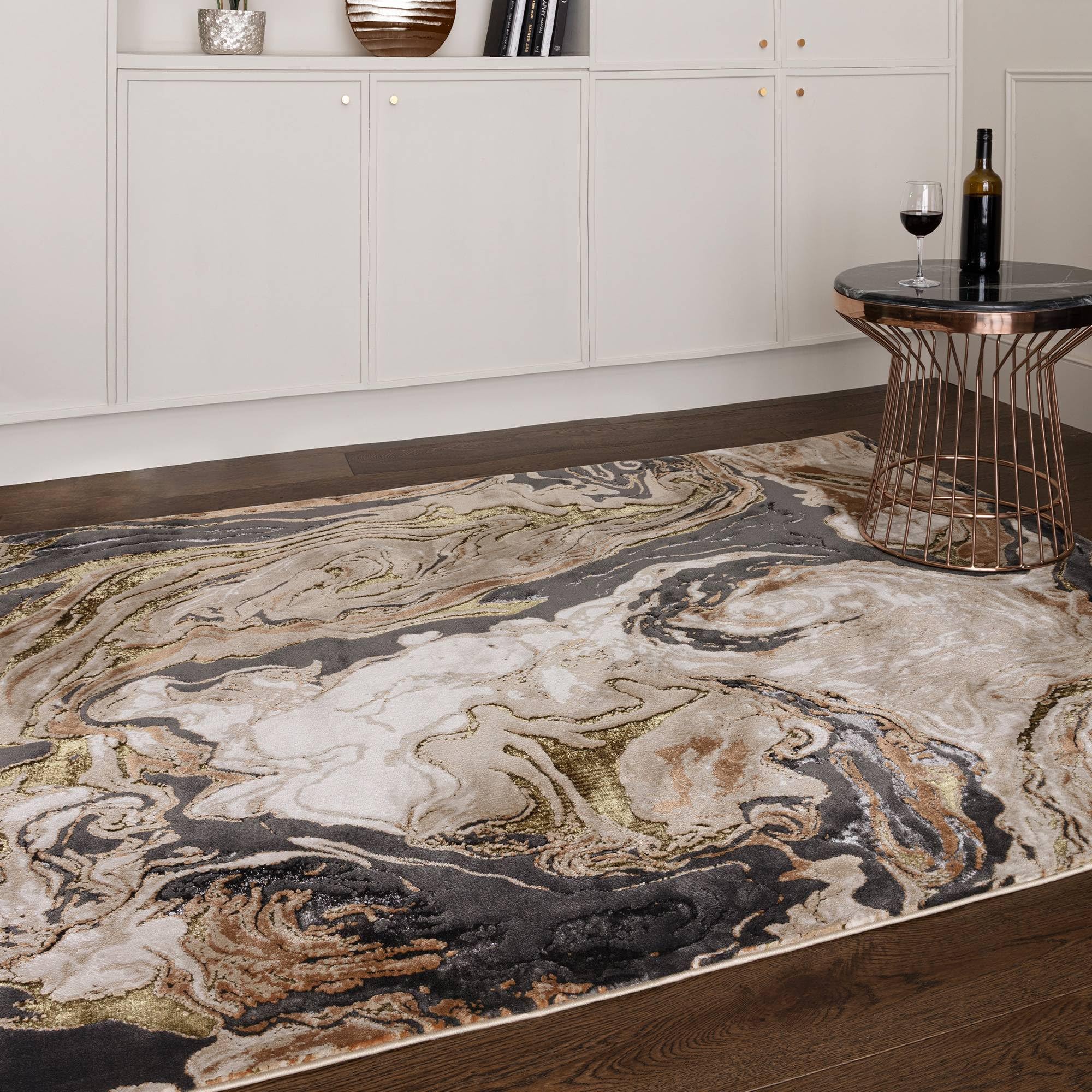 Lord of Rugs Modern Abstract Shiny Rug Silky Shimmer Soft High-Shine Carpet for Living Room, Bedroom Luxury Geometric and Marbled Patterns Rug Marble AU08 Yellow/Gold, Medium 120 x 170 cm (4'x5'6") โ image 1