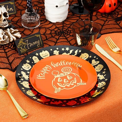 Miniatura 6 de Juego de vajilla desechable de 175 piezas de platos de plástico para fiestas, platos de cena negros, platos de postre naranja calabaza, tazas negras