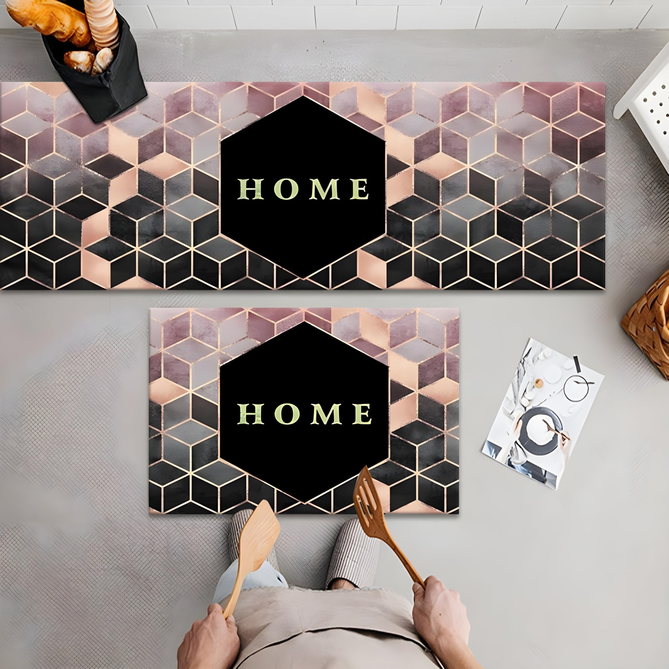 SKYTONE Kitchen Mat 2 Pcs, Waterproof Memory Foam Kitchen Rugs, Standing Desk Mat Floor Mats, Floor Cushioned Kitchen Rugs and Mats Waterproof Comfort Standing Mat,Sink (Fresh Home) 1
