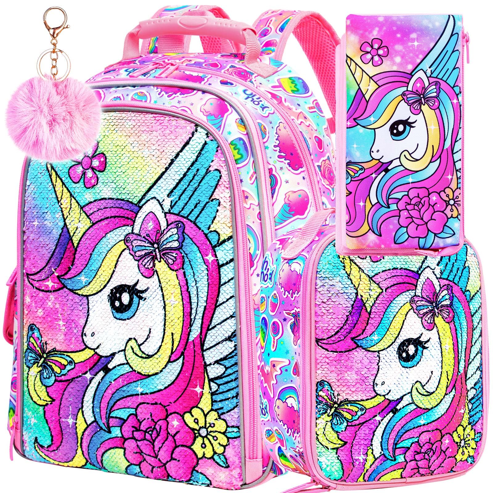 FTJCF 3PCS Unicorn Backpack for Girls, 16" Sequins Bookbag with Lunch Box，Kids School Bags for Elementary Preschool Kindergarten (Pink)