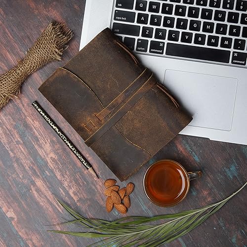 Vista 23 de LEATHER VILLAGE Diario encuadernado en cuero, marrón rústico, 7 x 5 pulgadas, 220 páginas, diario vintage de papel en blanco para escribir, dibujar