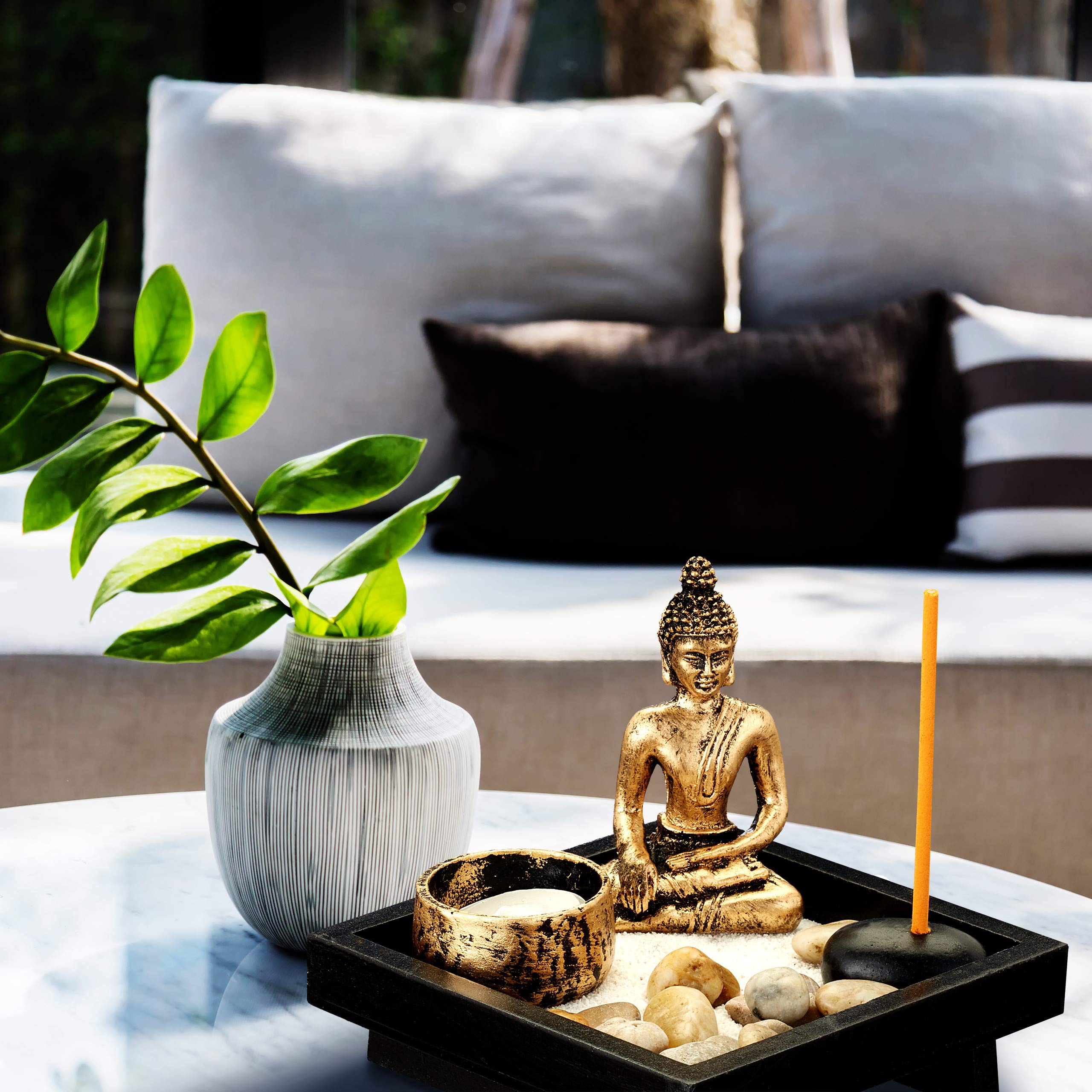 Relaxdays Giardino Zen, con Buddha, Pietre, Sabbia, Porta Incenso & Portalumino, Rilassante, Decorazione Feng Shui, nero